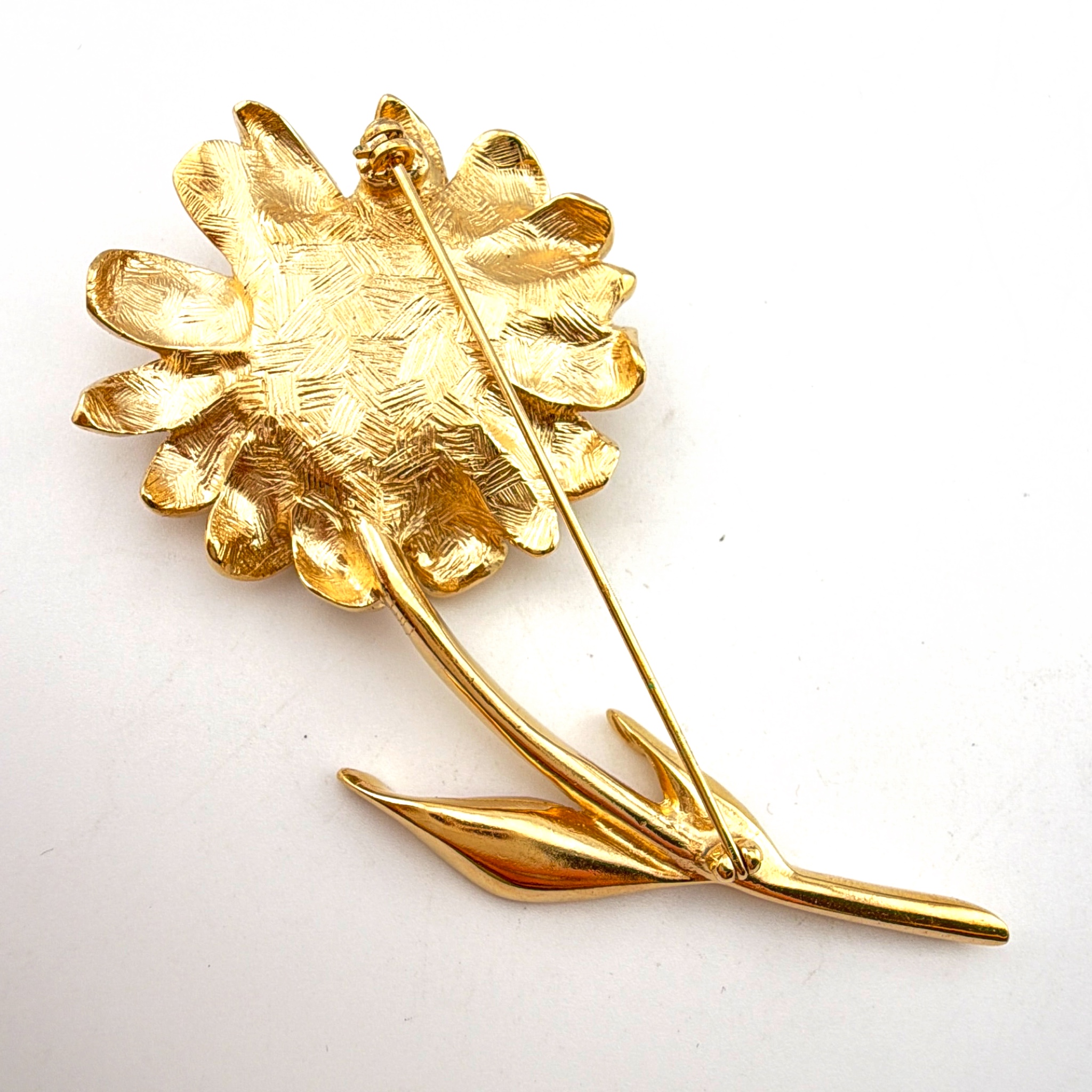 Mid-Century 50s–70s 4 in Gold Tone Faux Pearl Sunflower Stem Brooch 37.00g — Front