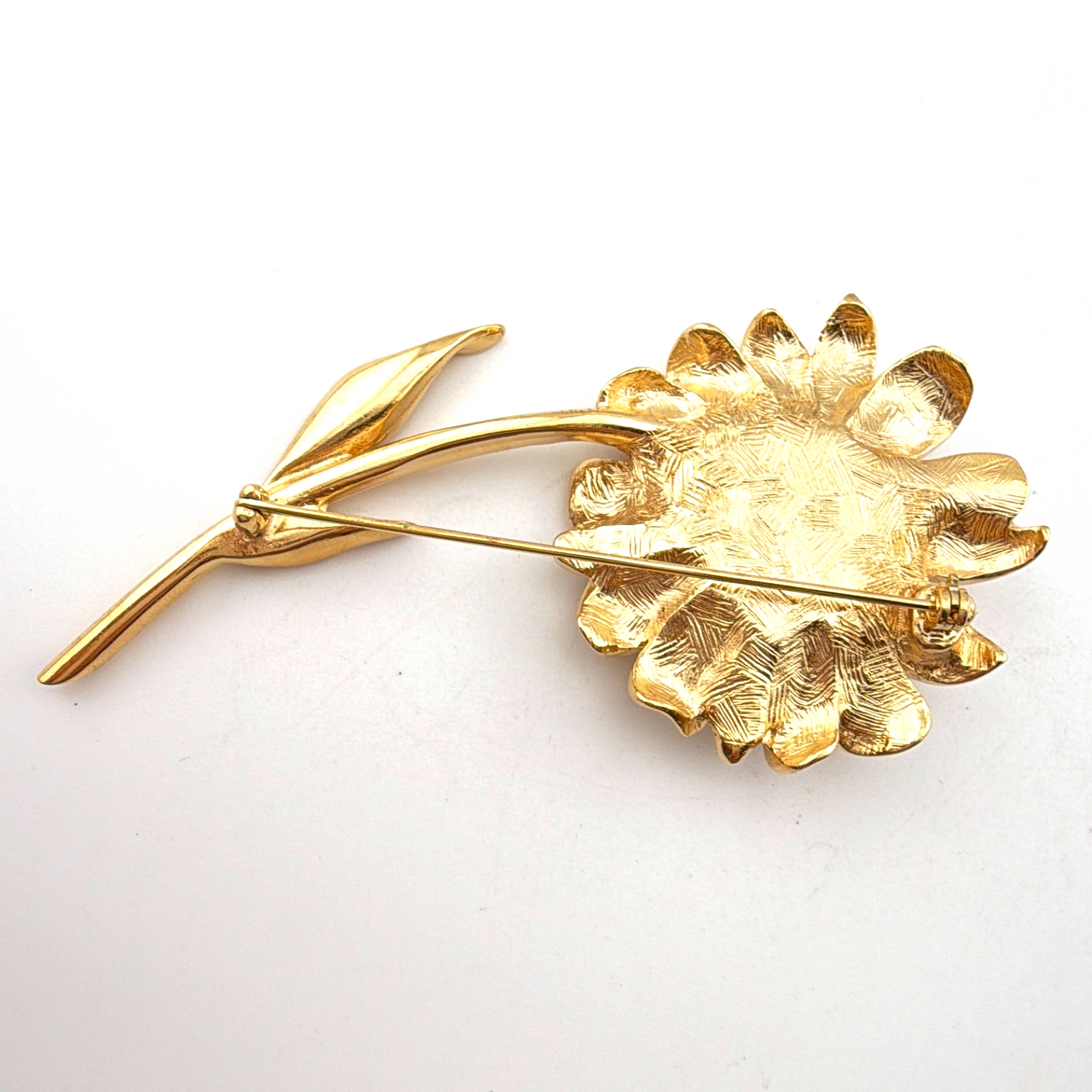Mid-Century 50s–70s 4 in Gold Tone Faux Pearl Sunflower Stem Brooch 37.00g — Back