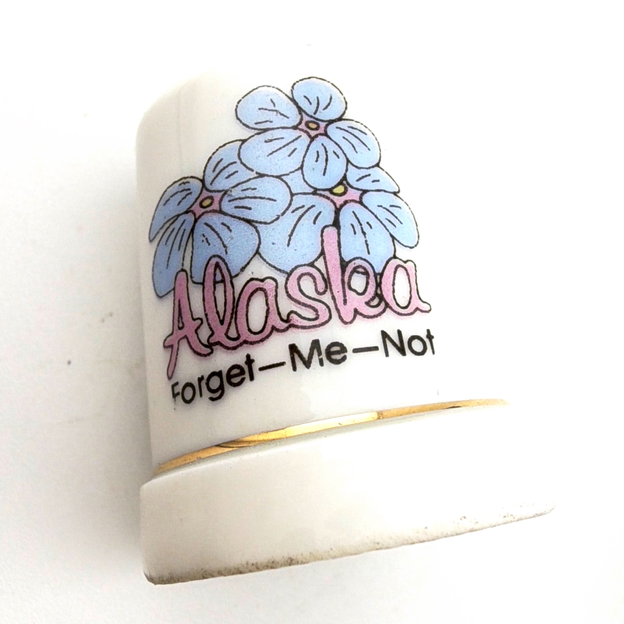 70s 1.125 in Coral Acorn Ceramic and Alaska Forget-Me-Not Porcelain Sewing Thimbles Lot 13.47g — Front