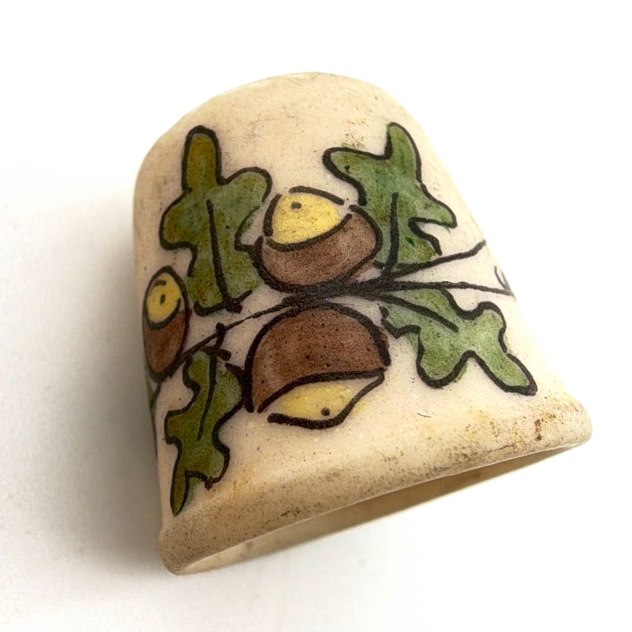 70s 1.125 in Coral Acorn Ceramic and Alaska Forget-Me-Not Porcelain Sewing Thimbles Lot 13.47g — Front