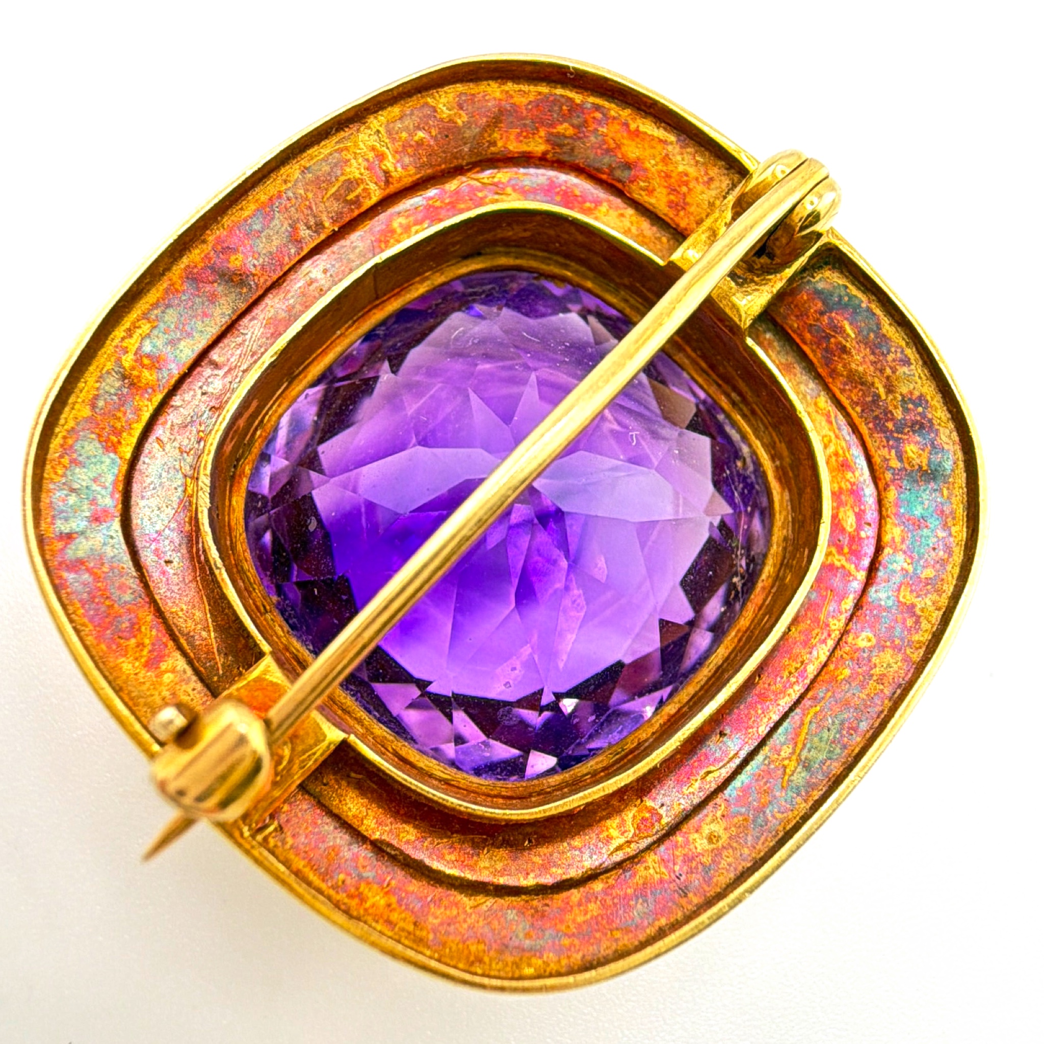 Huge Victorian 1880s–1900s 14K Gold Siberian Amethyst Cushion Brooch 11.76g $2750-$5000 — Back