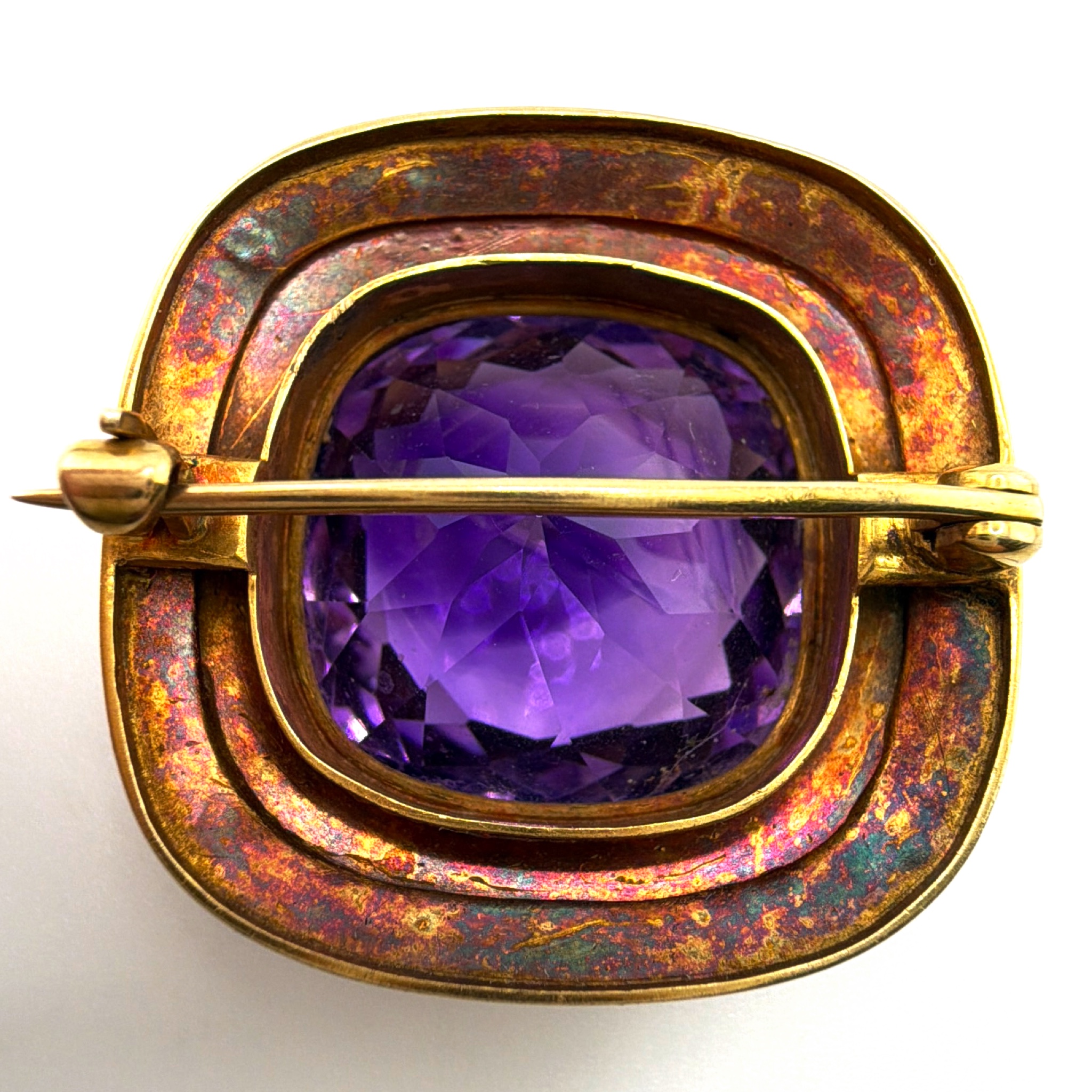 Huge Victorian 1880s–1900s 14K Gold Siberian Amethyst Cushion Brooch 11.76g $2750-$5000 — Back