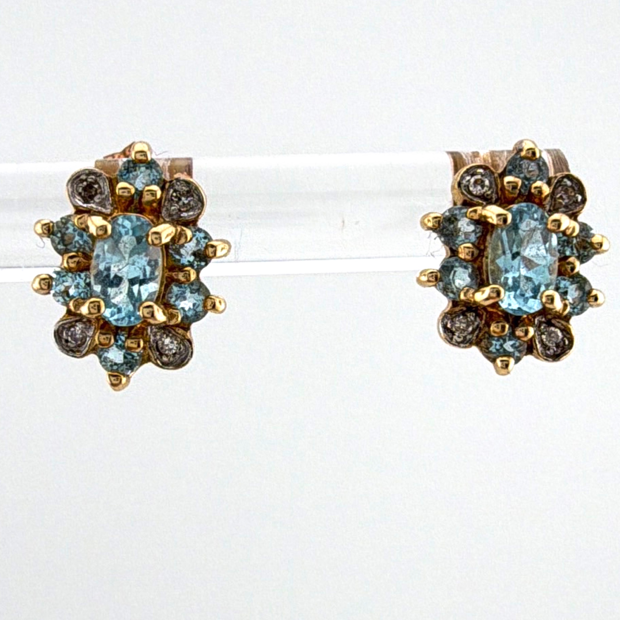 14K Gold Natural Diamonds and Blue Stone Floral Cluster Clip Earrings