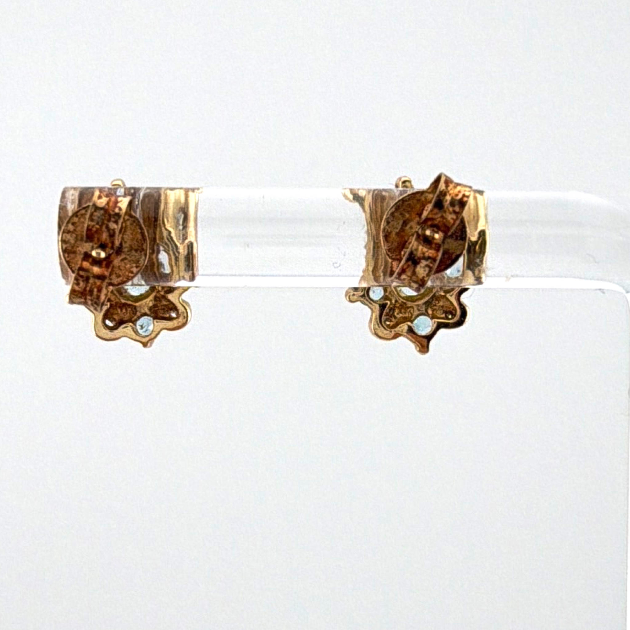 14K Gold Natural Diamonds and Blue Stone Floral Cluster Clip Earrings — Front