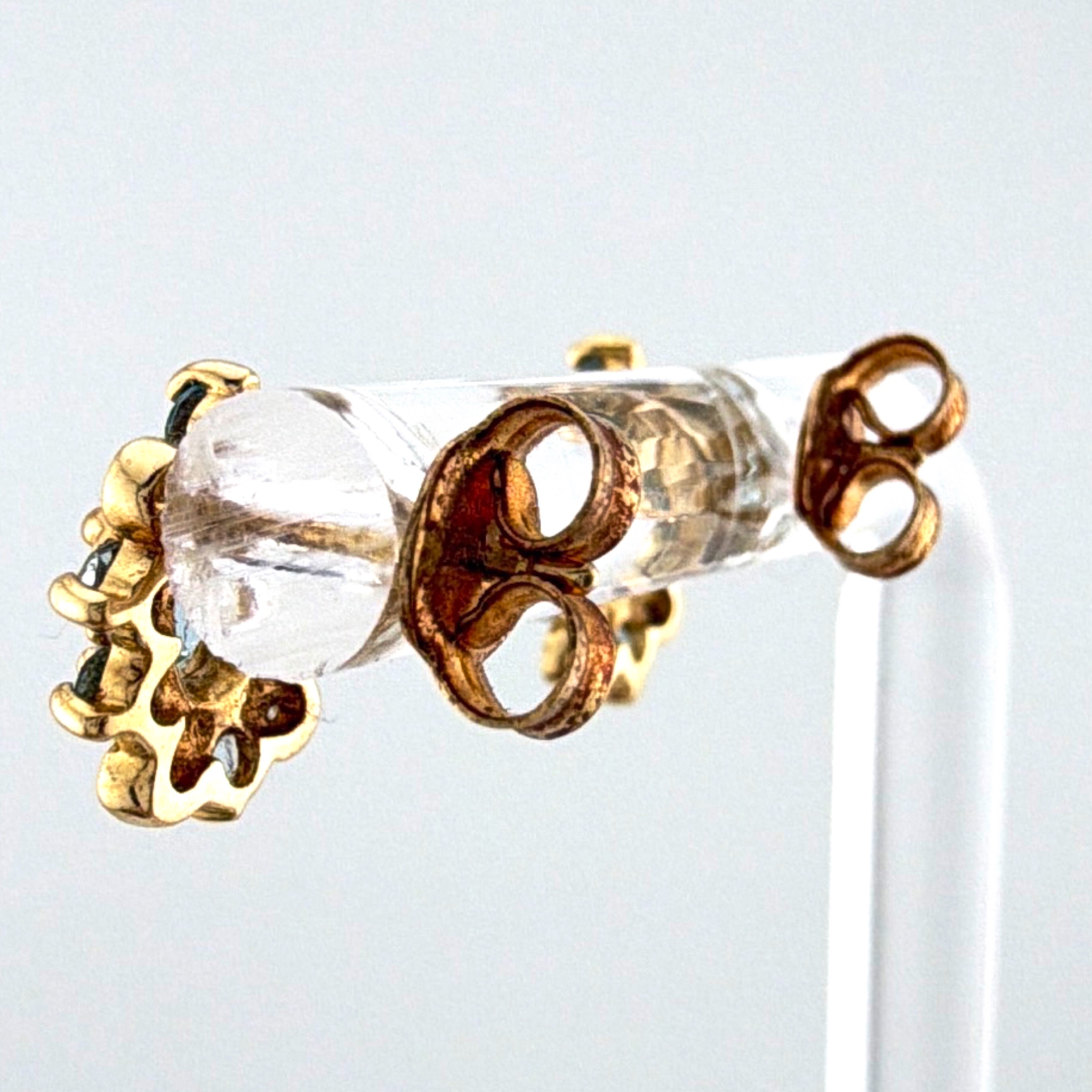 14K Gold Natural Diamonds and Blue Stone Floral Cluster Clip Earrings — Side