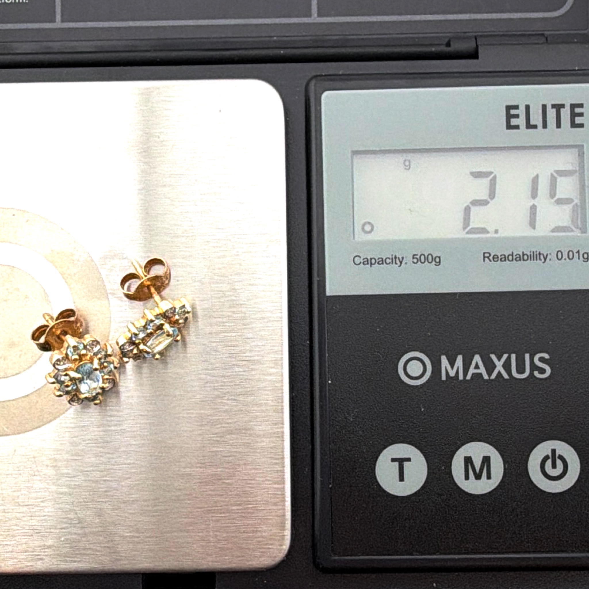 14K Gold Natural Diamonds and Blue Stone Floral Cluster Clip Earrings — For scale