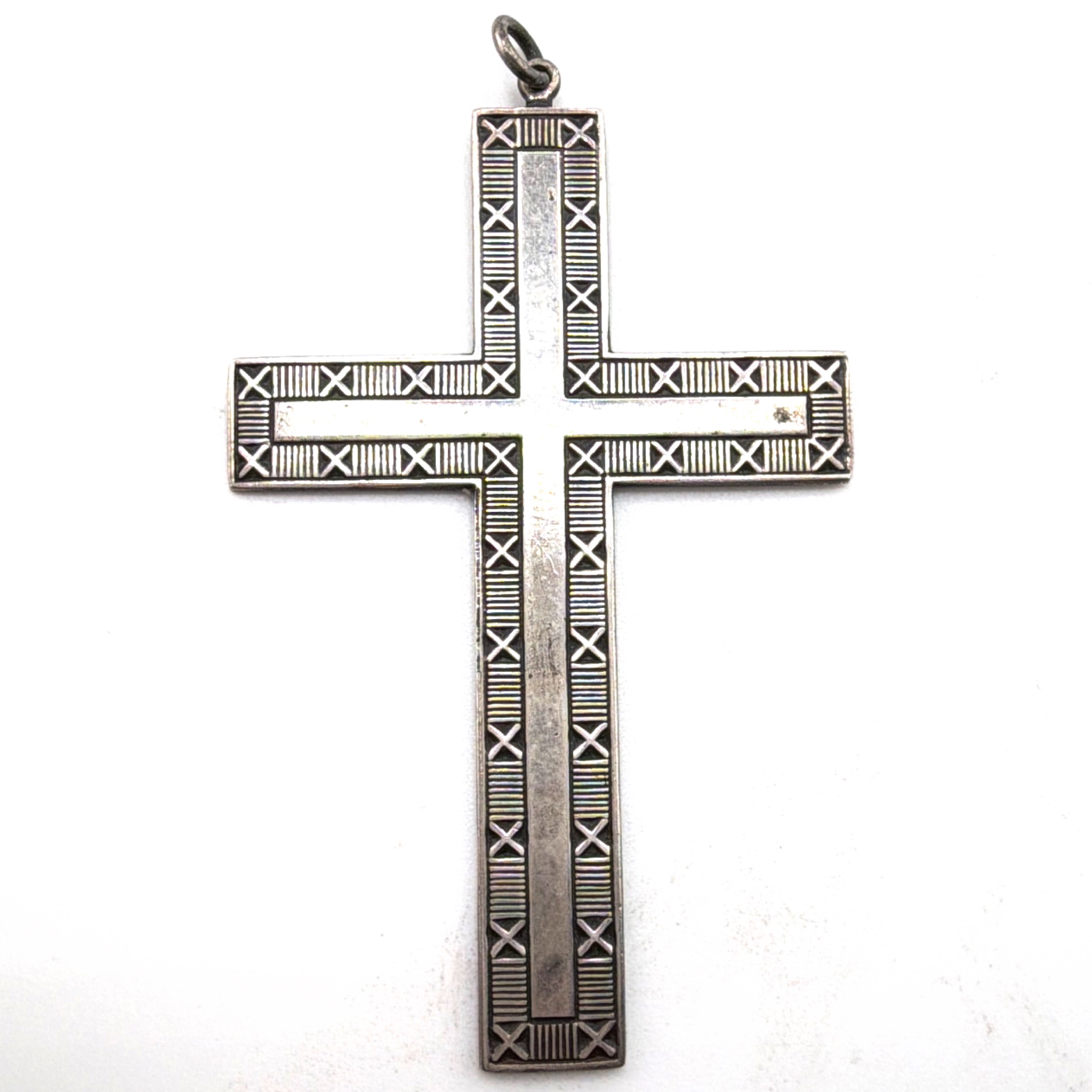 Vintage Large Sterling Geometric Engraved Cross Pendant 10.44g 2.75 in — Back