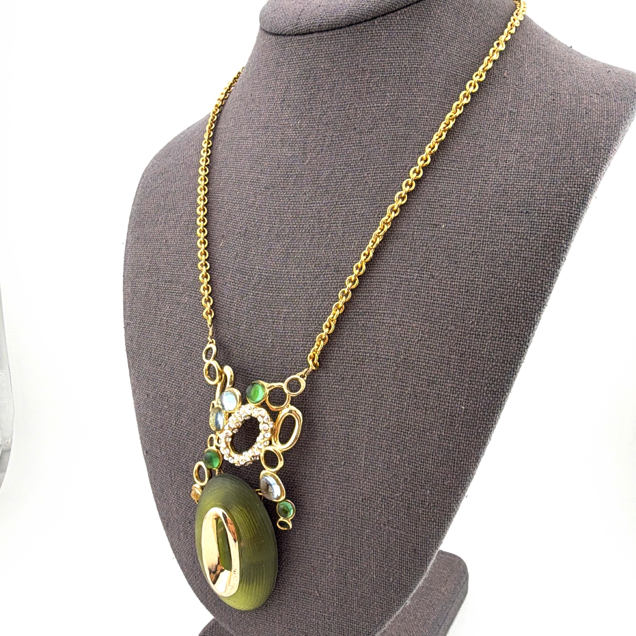 Contemporary Alexis Bittar Gold Tone Green Lucite Statement Necklace 16-19in 45.24g — Front