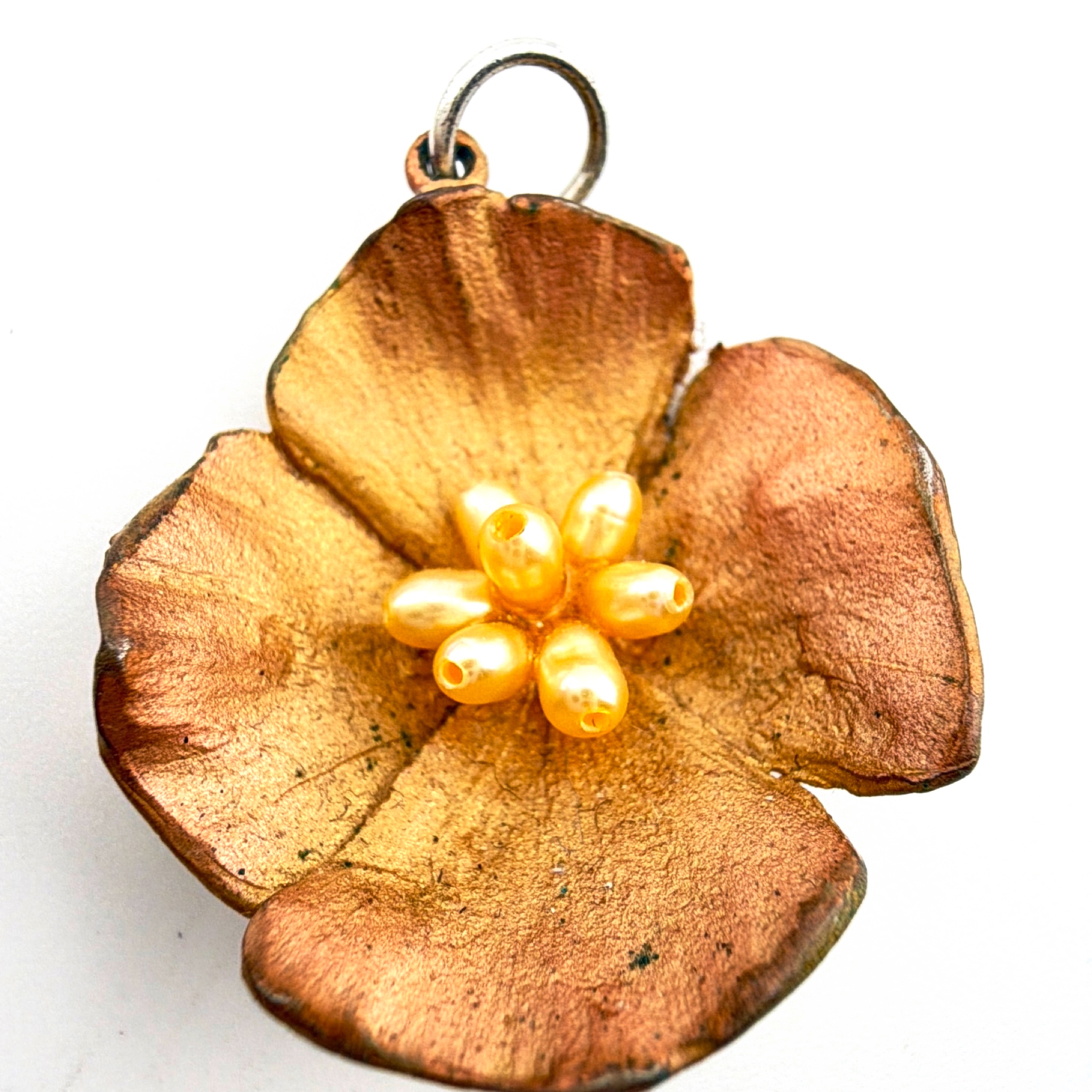 Gold Tone Faux Rice Pearl Botanical Flower 1.25 in Charm Pendant 4.63g — Front
