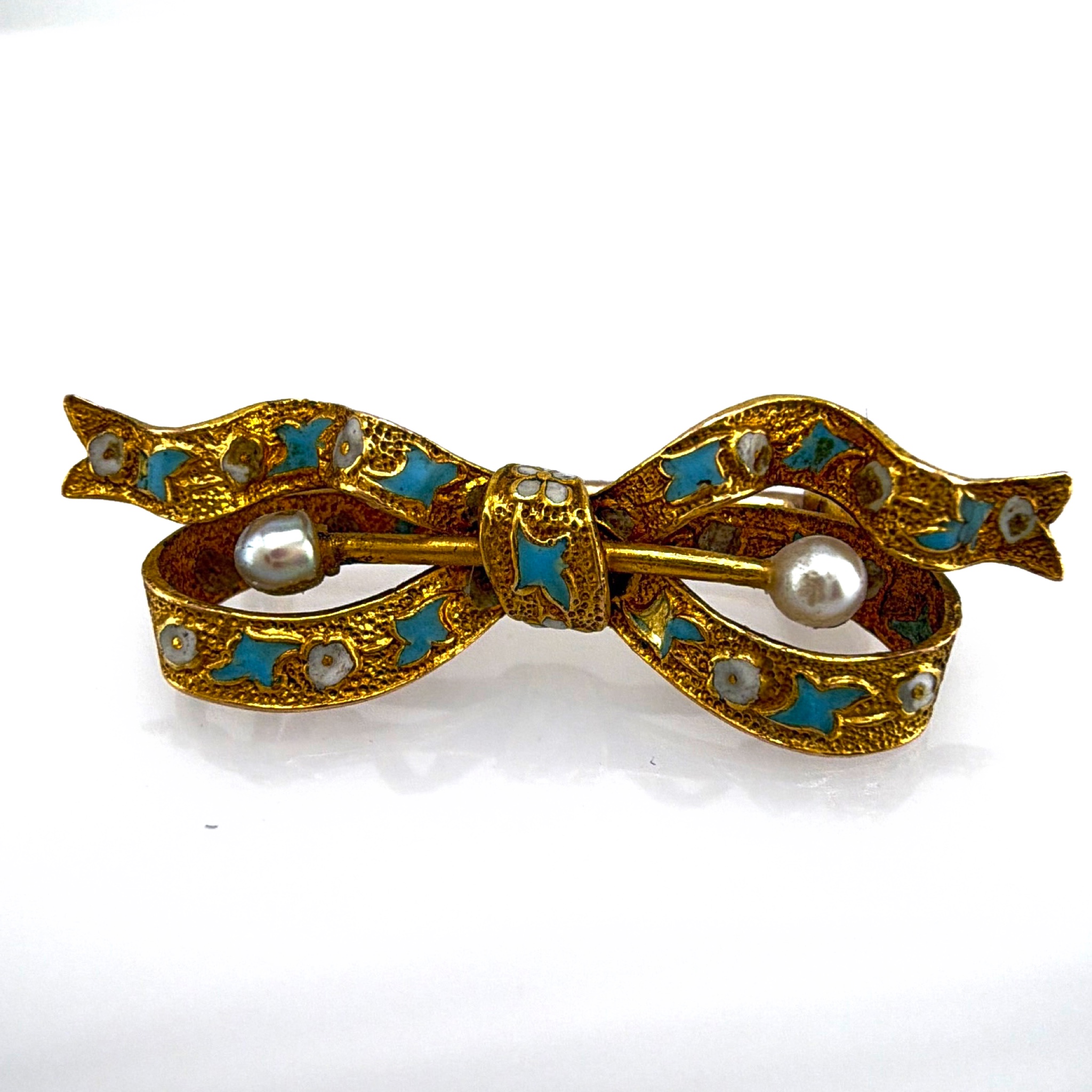 Victorian 1880s–1910s 14K Gold Enamel Bow Brooch, Seed Pearls 1.74g 1.25in — Side