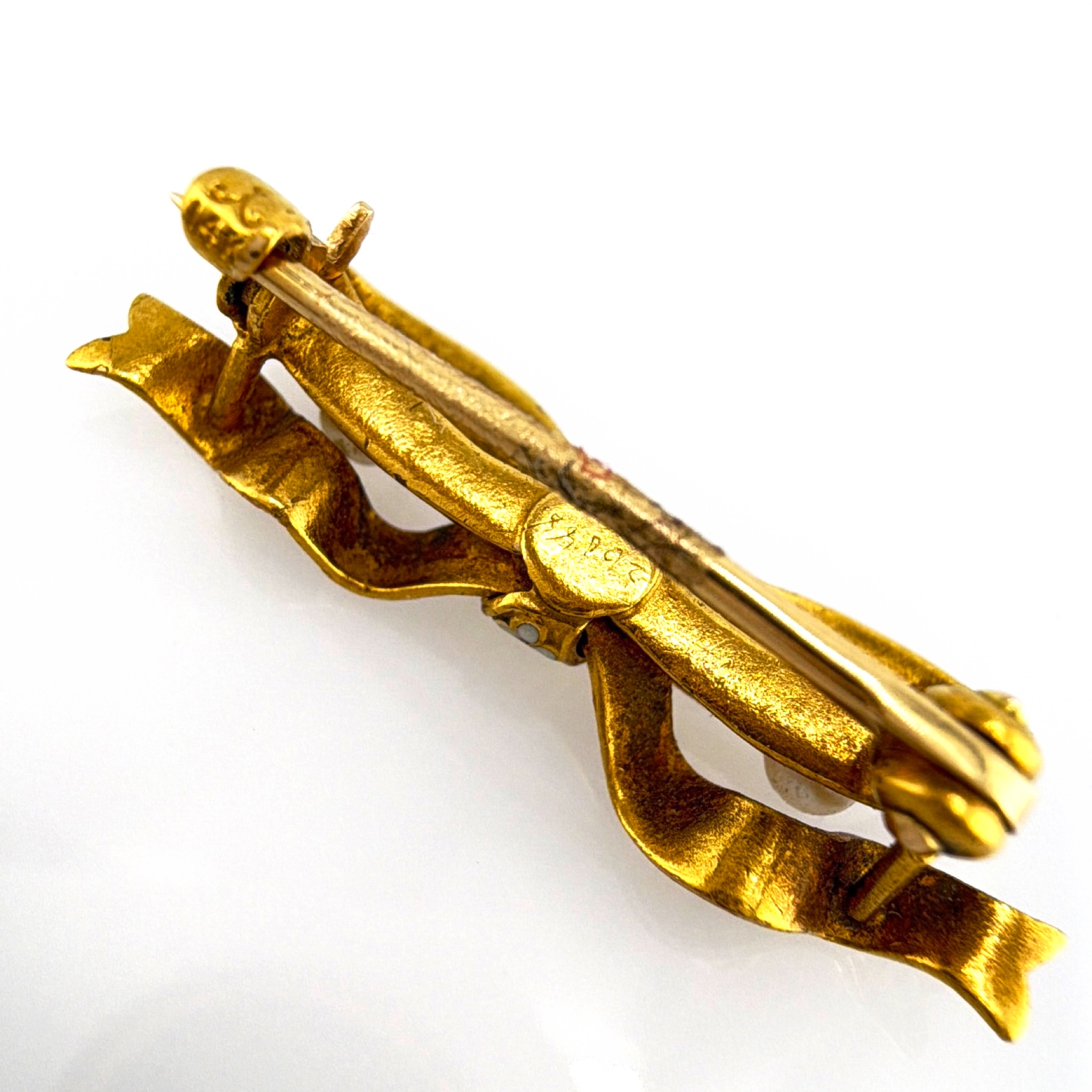 Victorian 1880s–1910s 14K Gold Enamel Bow Brooch, Seed Pearls 1.74g 1.25in — Back