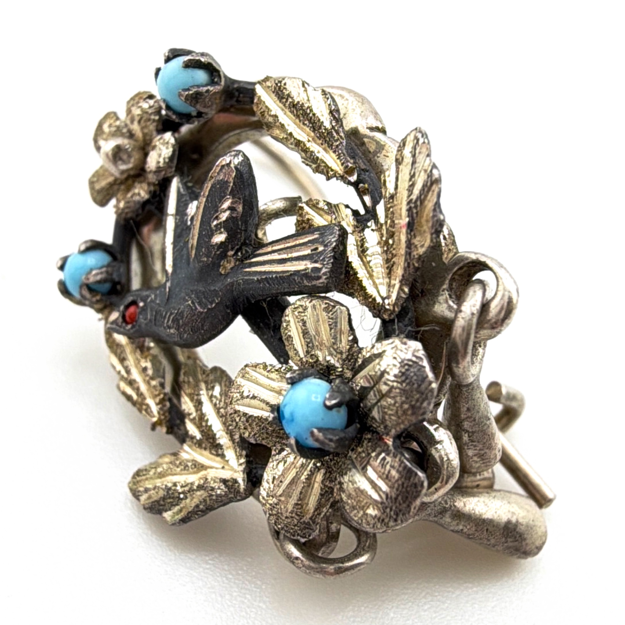 Victorian style Sterling Bird Swallow Floral Brooch, Dangles 3.67g — Side