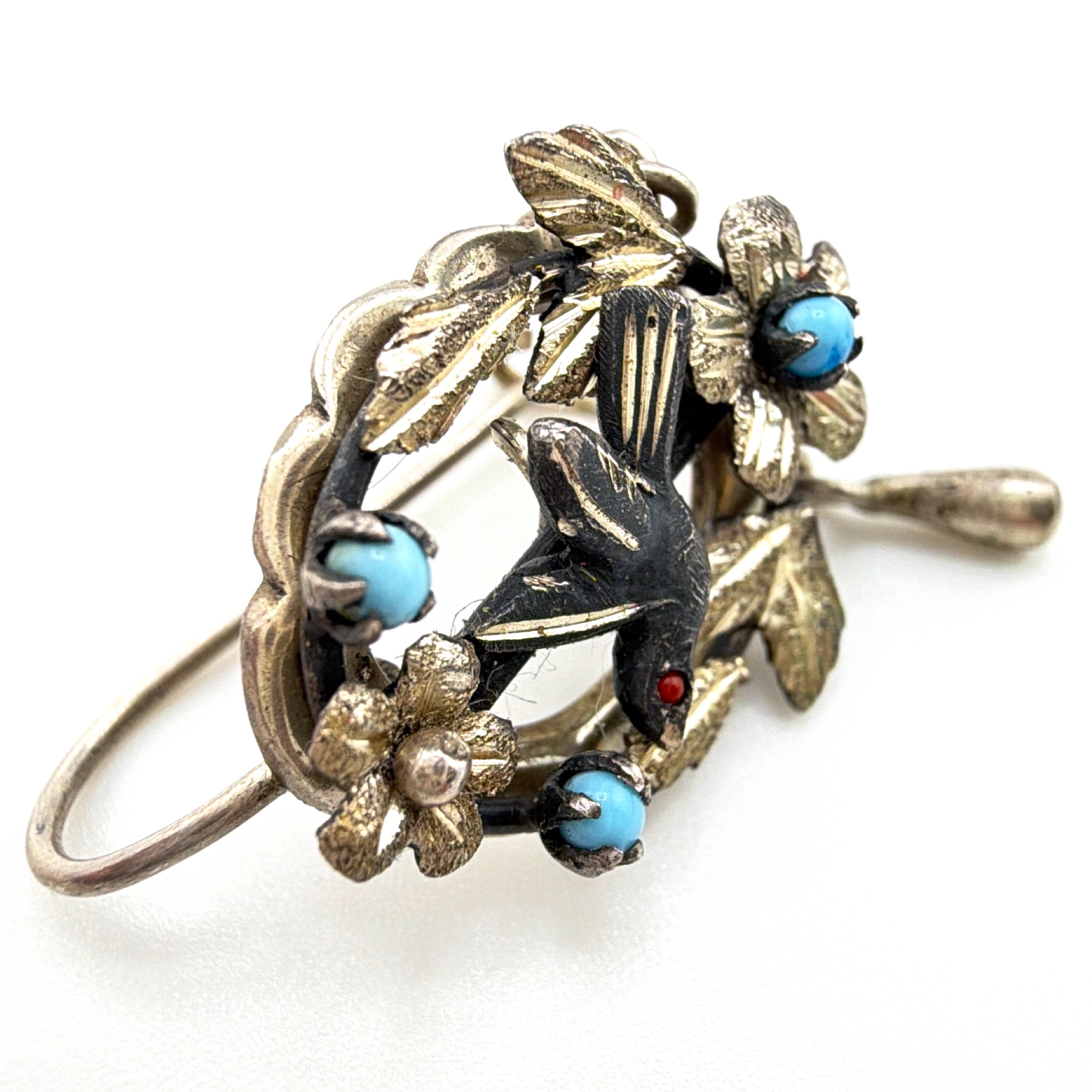 Victorian style Sterling Bird Swallow Floral Brooch, Dangles 3.67g — Detail