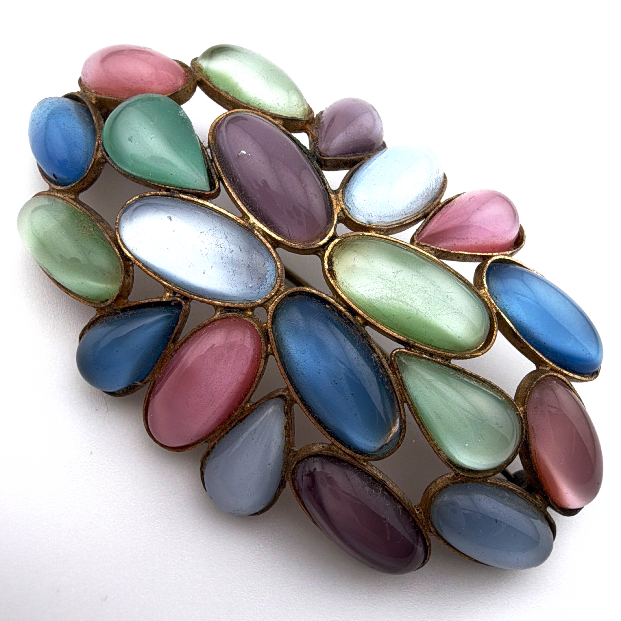 Art Deco 20s–30s Czechoslovakia Brass Multicolor Satin Glass Cluster Brooch 28.31g 2.6 in
