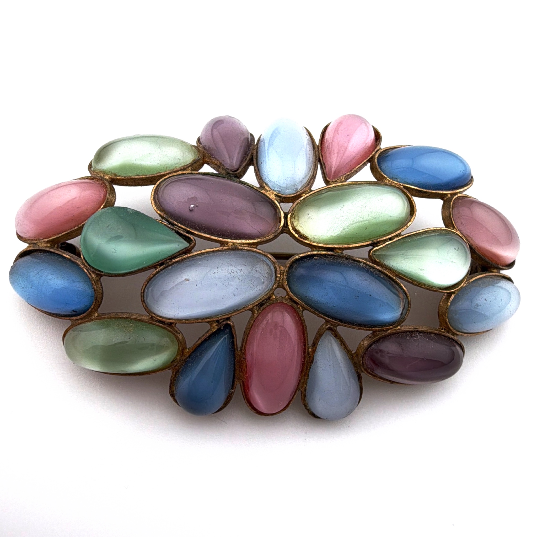 Art Deco 20s–30s Czechoslovakia Brass Multicolor Satin Glass Cluster Brooch 28.31g 2.6 in — Back