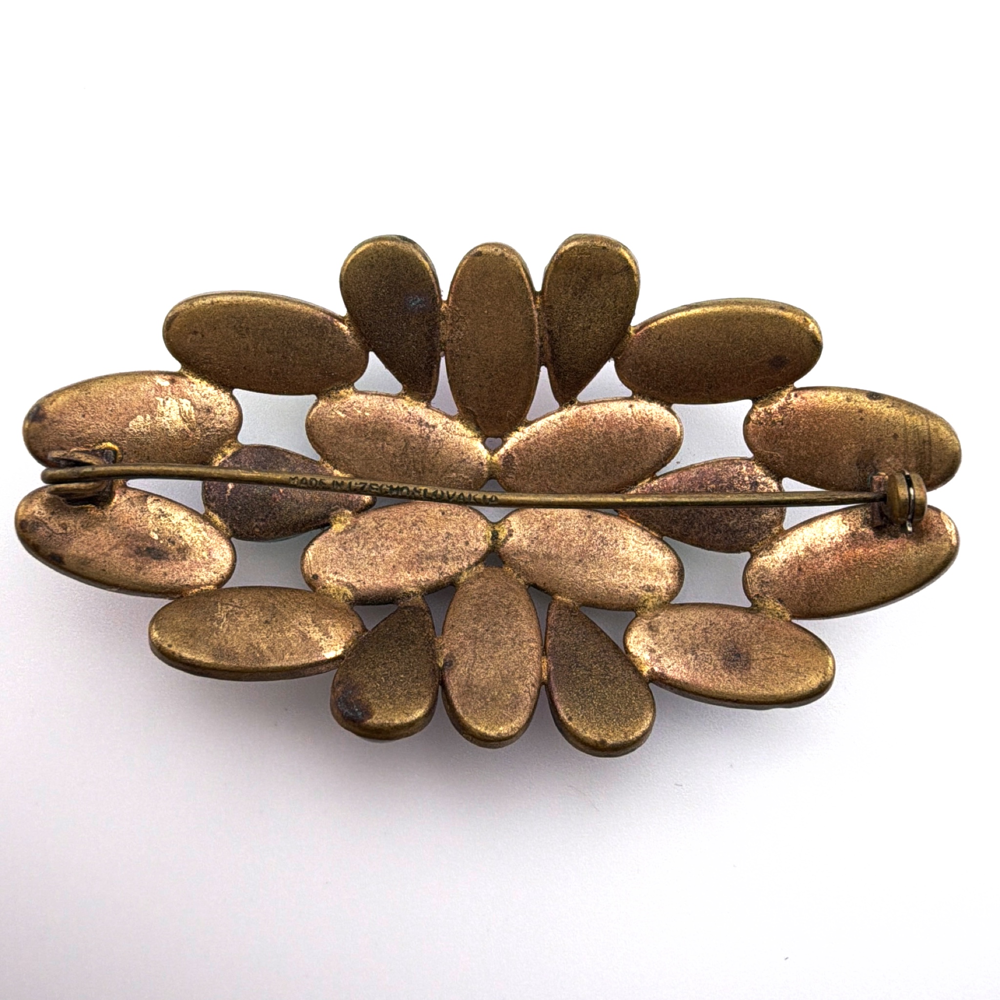 Art Deco 20s–30s Czechoslovakia Brass Multicolor Satin Glass Cluster Brooch 28.31g 2.6 in — Front