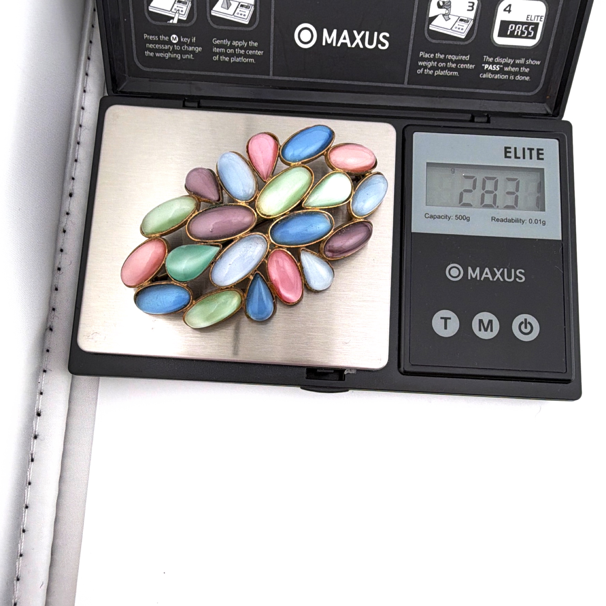 Art Deco 20s–30s Czechoslovakia Brass Multicolor Satin Glass Cluster Brooch 28.31g 2.6 in — For scale