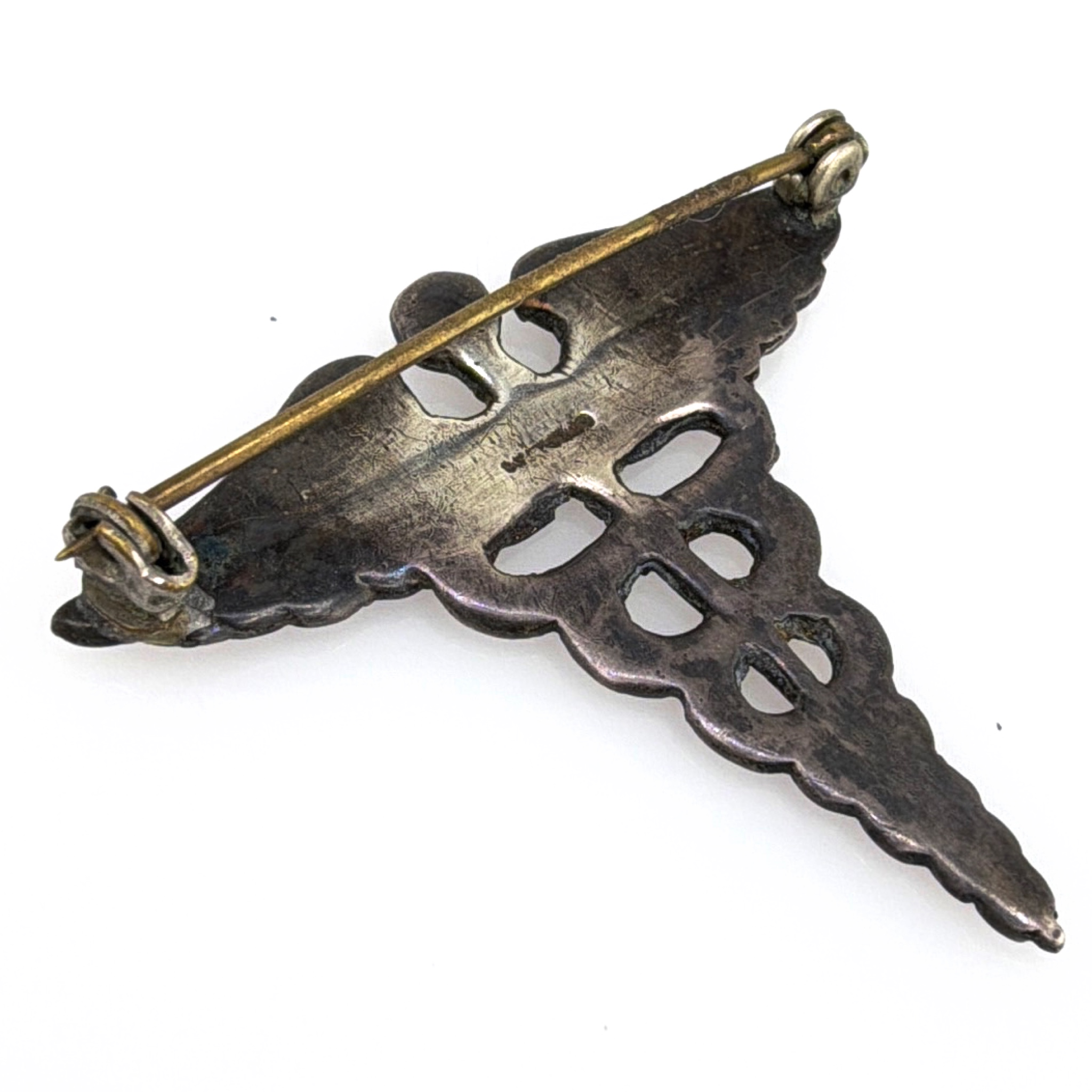 Retro 30s–50s Sterling Figural Caduceus Brooch 7.32g — Side