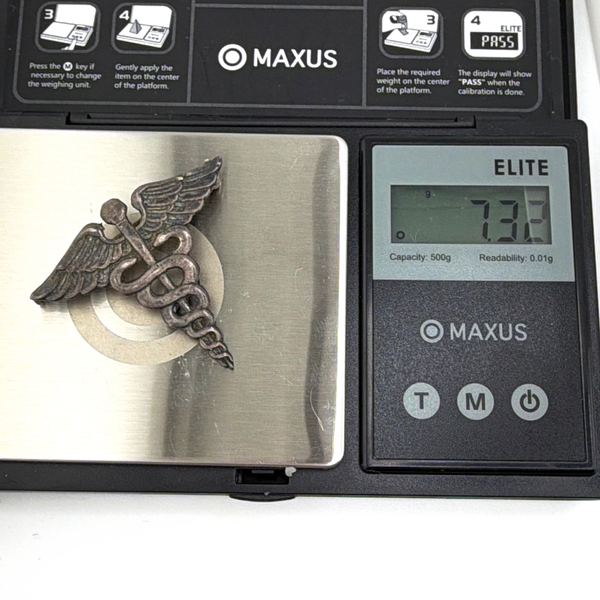 Retro 30s–50s Sterling Figural Caduceus Brooch 7.32g — For scale