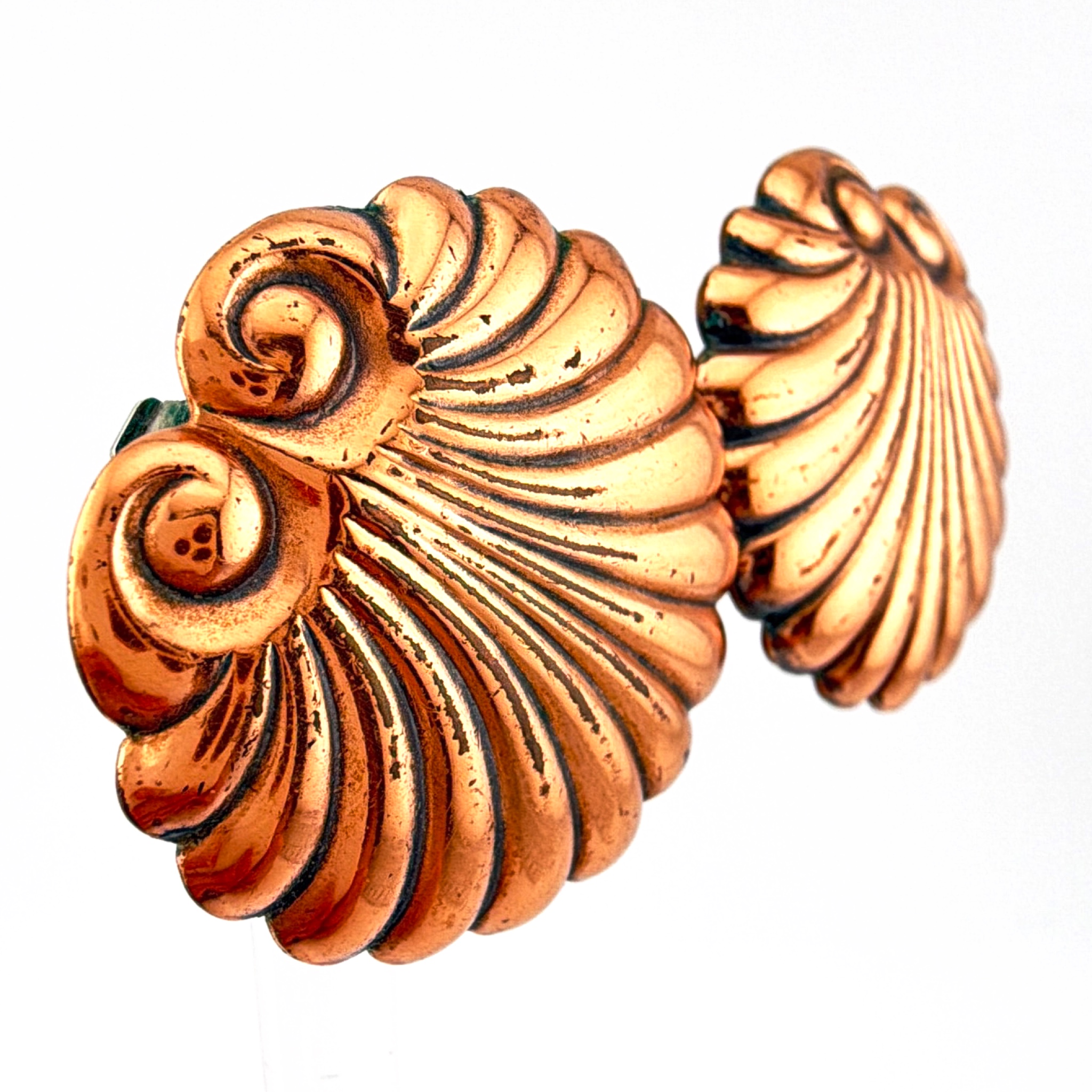 Mid-Century 50s–60s 1.25 in Renoir Copper Fluted Scallop Shell Clip Earrings 14.08g — Front