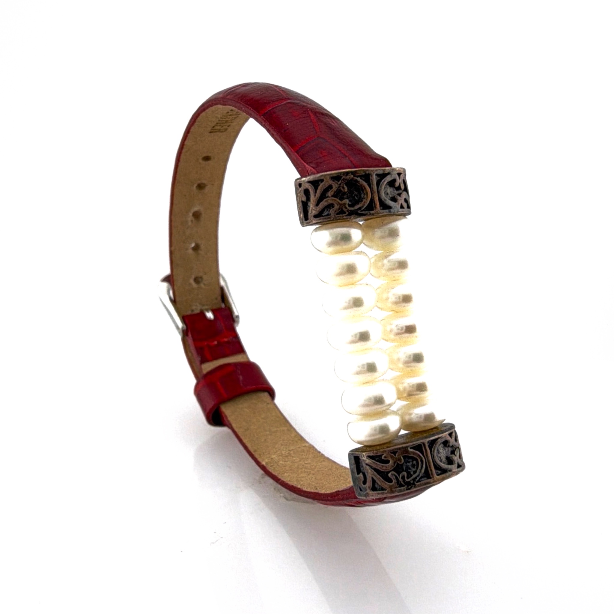 TCA Sterling Silver Cultured Pearl Red Leather 6.5-7in Strap Bracelet 7.63g