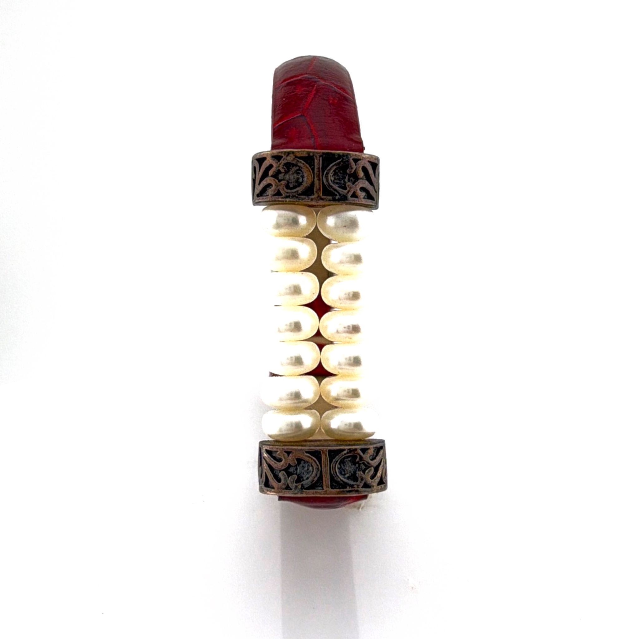 TCA Sterling Silver Cultured Pearl Red Leather 6.5-7in Strap Bracelet 7.63g — Front