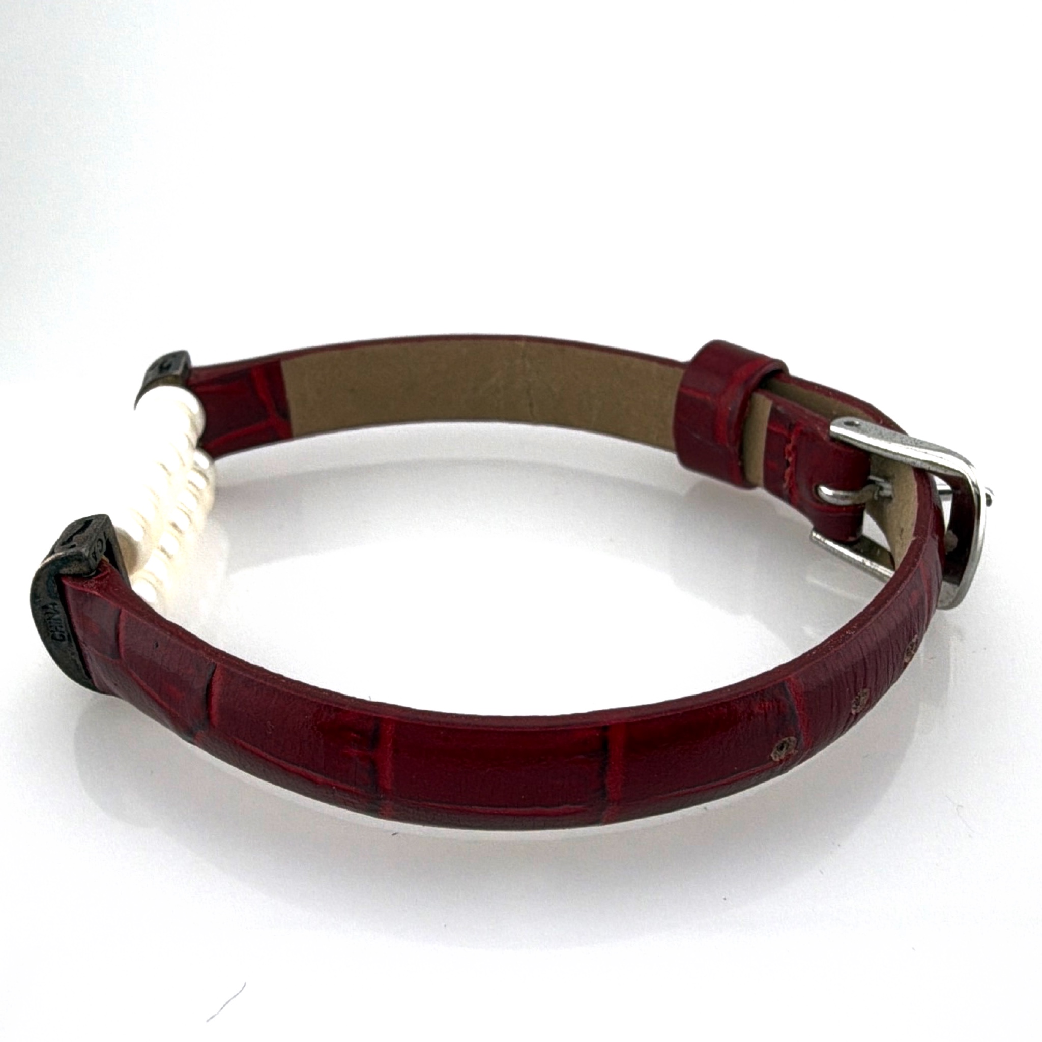 TCA Sterling Silver Cultured Pearl Red Leather 6.5-7in Strap Bracelet 7.63g — Side