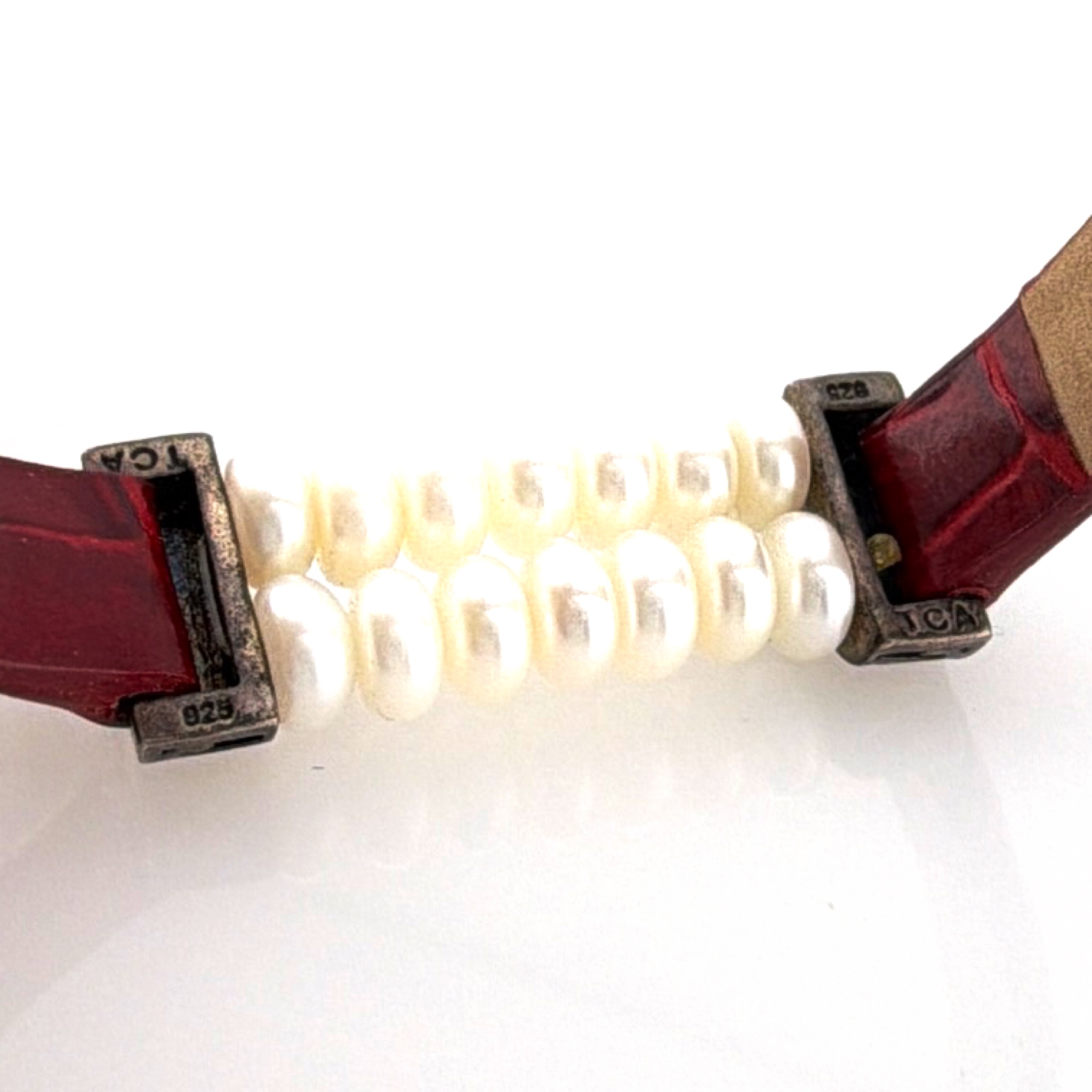 TCA Sterling Silver Cultured Pearl Red Leather 6.5-7in Strap Bracelet 7.63g — Detail