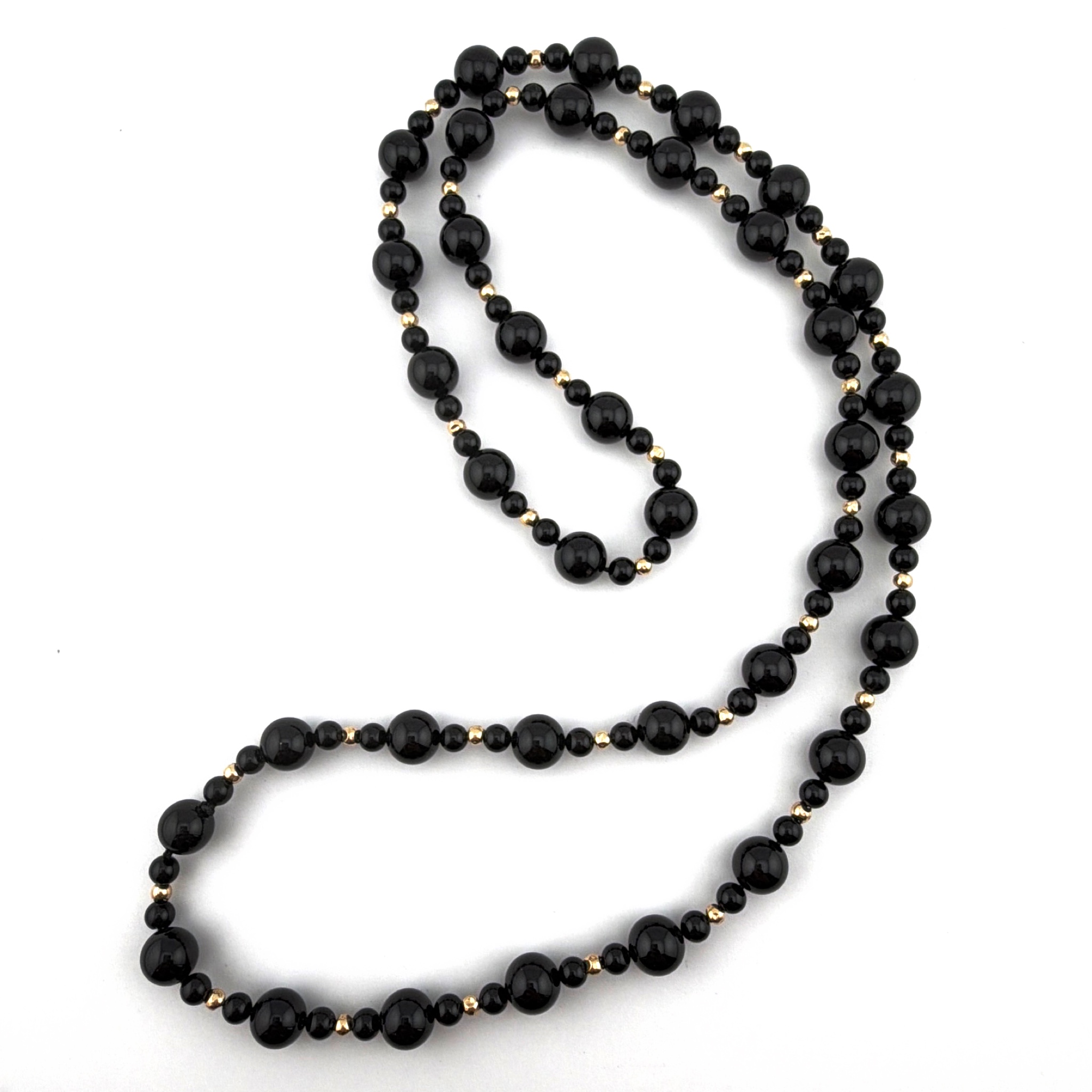 14K Gold Black Onyx Graduated Bead Necklace 28 in — Side