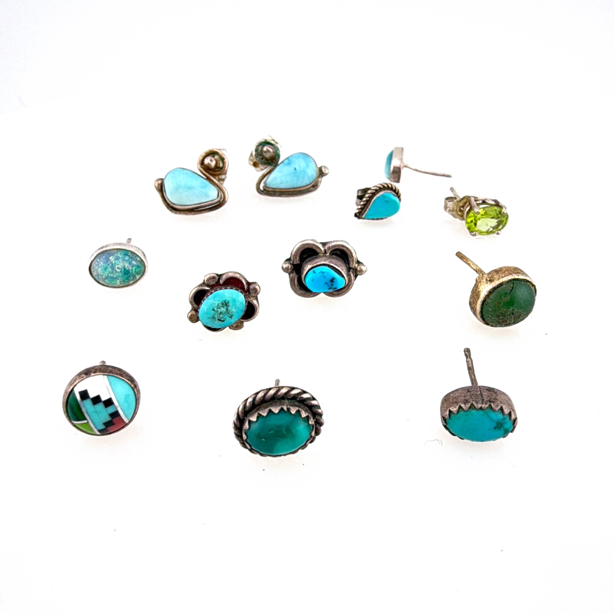 70s–80s 1.5 in Sterling Silver Turquoise Leaf Feather Dangle Post Earrings 5.55g