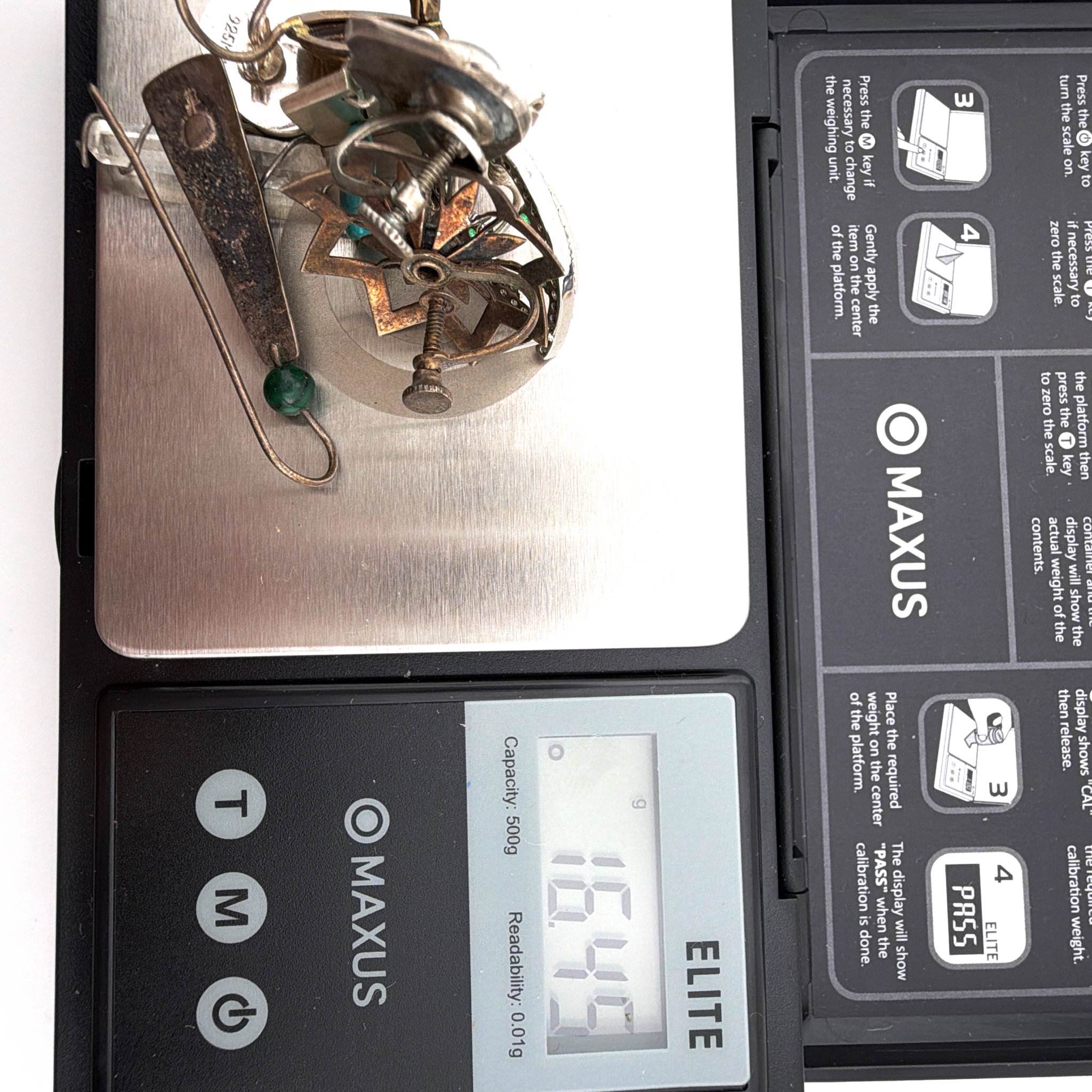 70s–80s 1.5 in Sterling Silver Turquoise Leaf Feather Dangle Post Earrings 5.55g — For scale