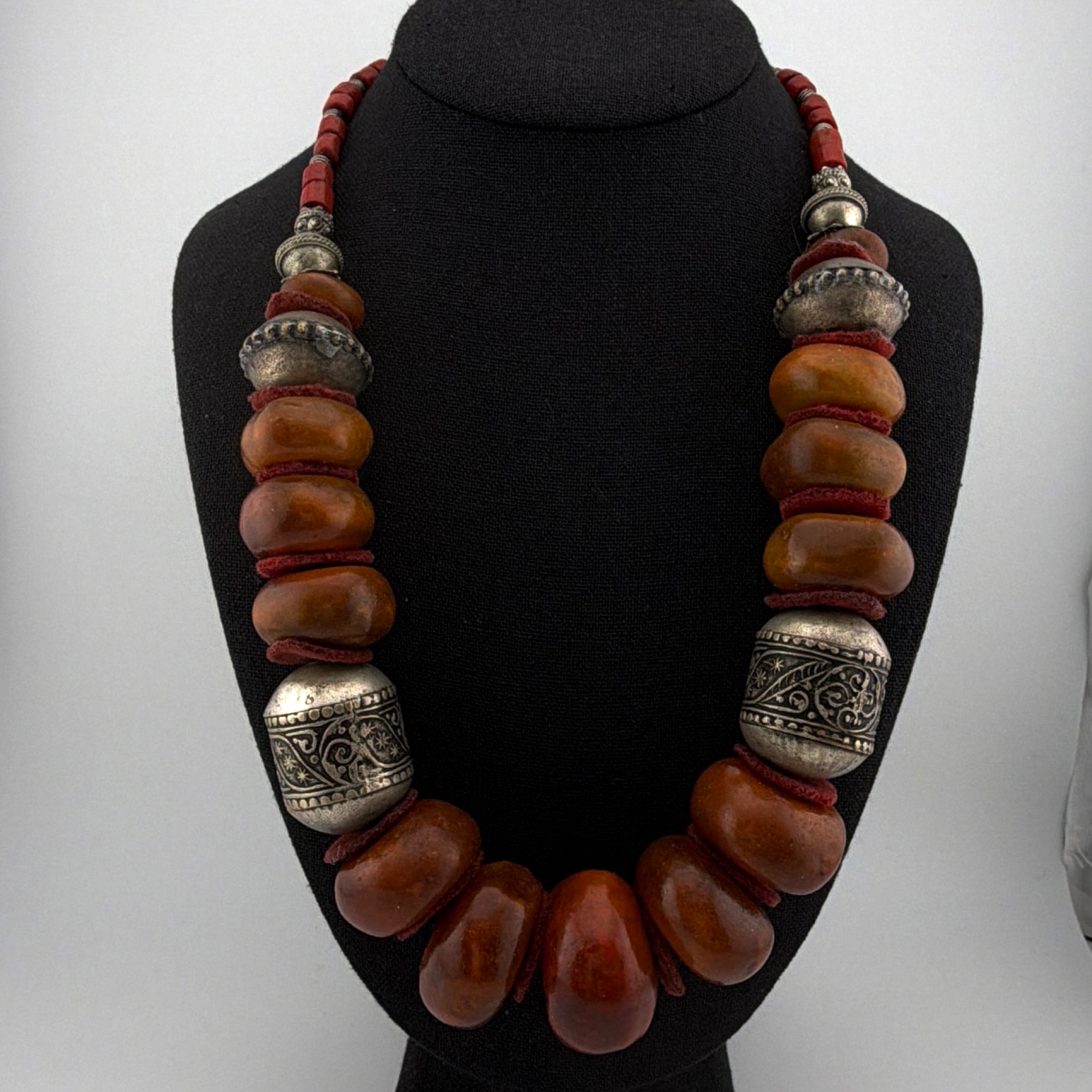 Silver Tone Faux Amber Copal Resin Moroccan Berber 24 in Tribal Chunky Beaded Necklace