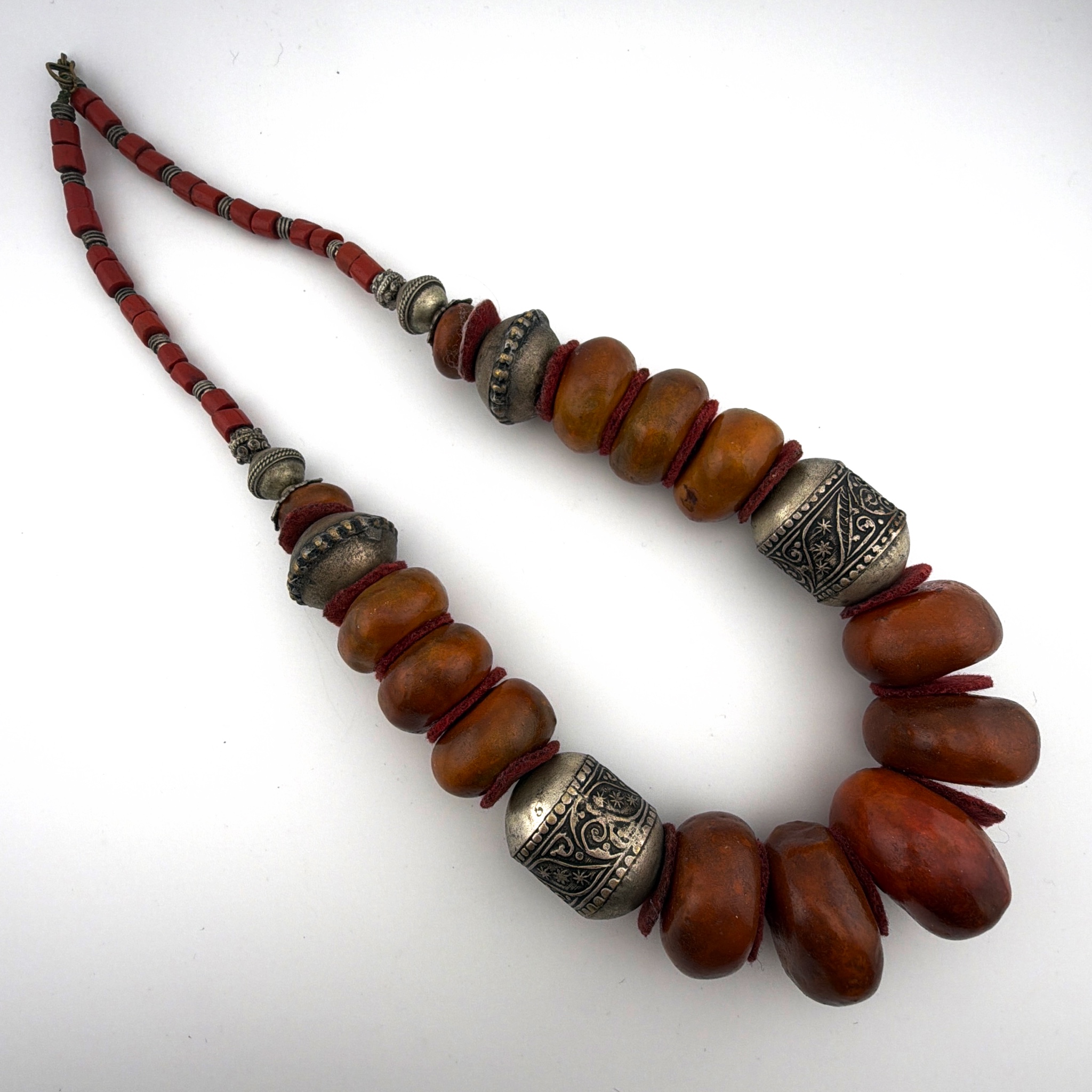 Silver Tone Faux Amber Copal Resin Moroccan Berber 24 in Tribal Chunky Beaded Necklace — Side