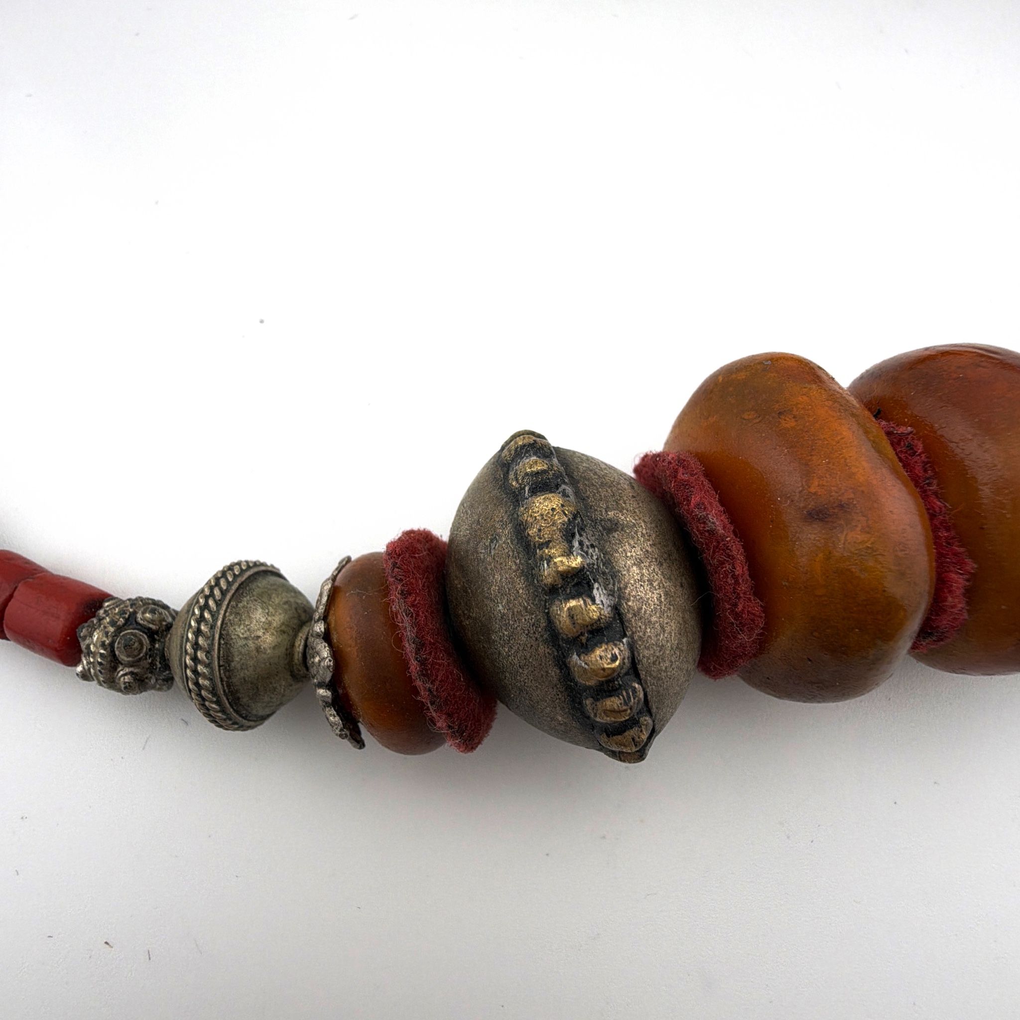 Silver Tone Faux Amber Copal Resin Moroccan Berber 24 in Tribal Chunky Beaded Necklace — Detail