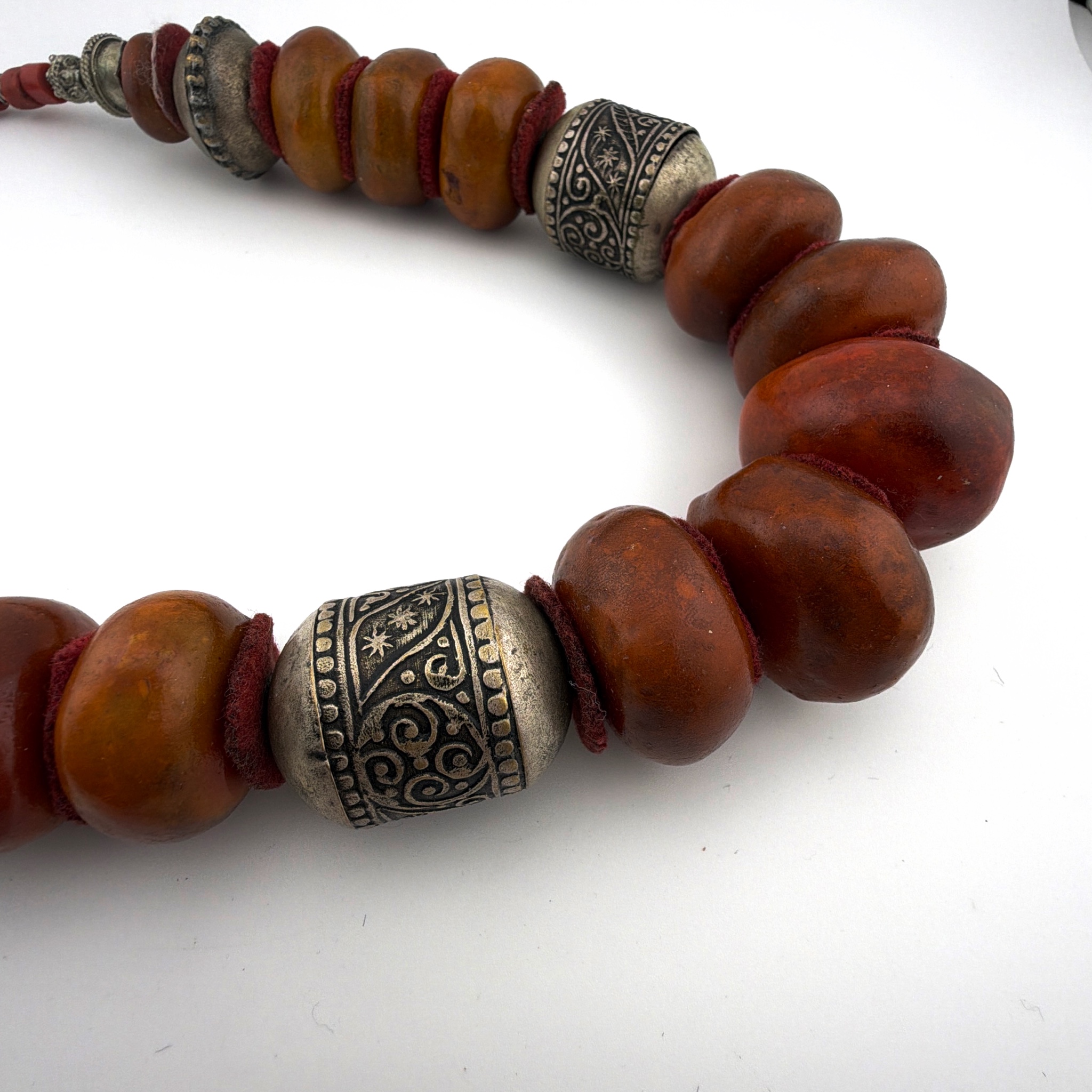 Silver Tone Faux Amber Copal Resin Moroccan Berber 24 in Tribal Chunky Beaded Necklace — Detail