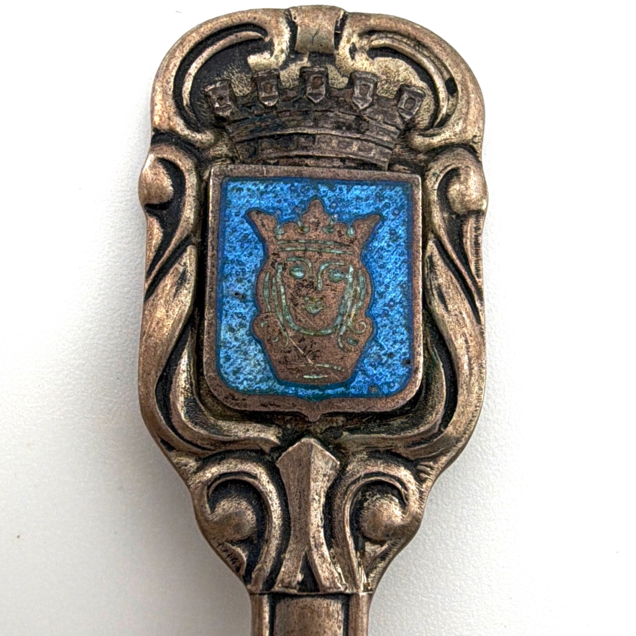 Mid-Century 60s Sterling Silver Swedish Stockholm Souvenir Spoon, Enamel Crest 15.62g — Front
