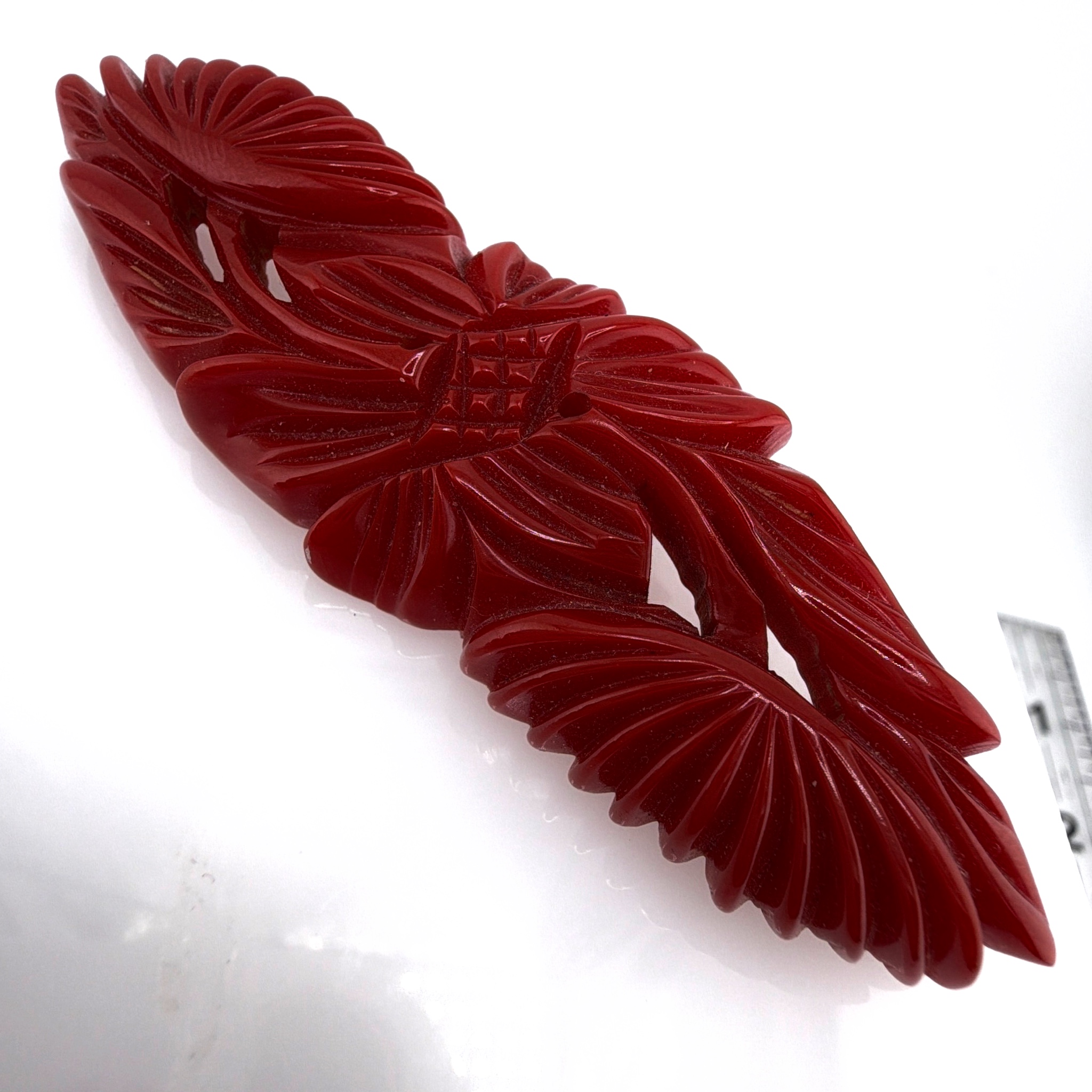 Vintage Carved Red Bakelite Leaf Feather Bar Brooch 13.24g — Back
