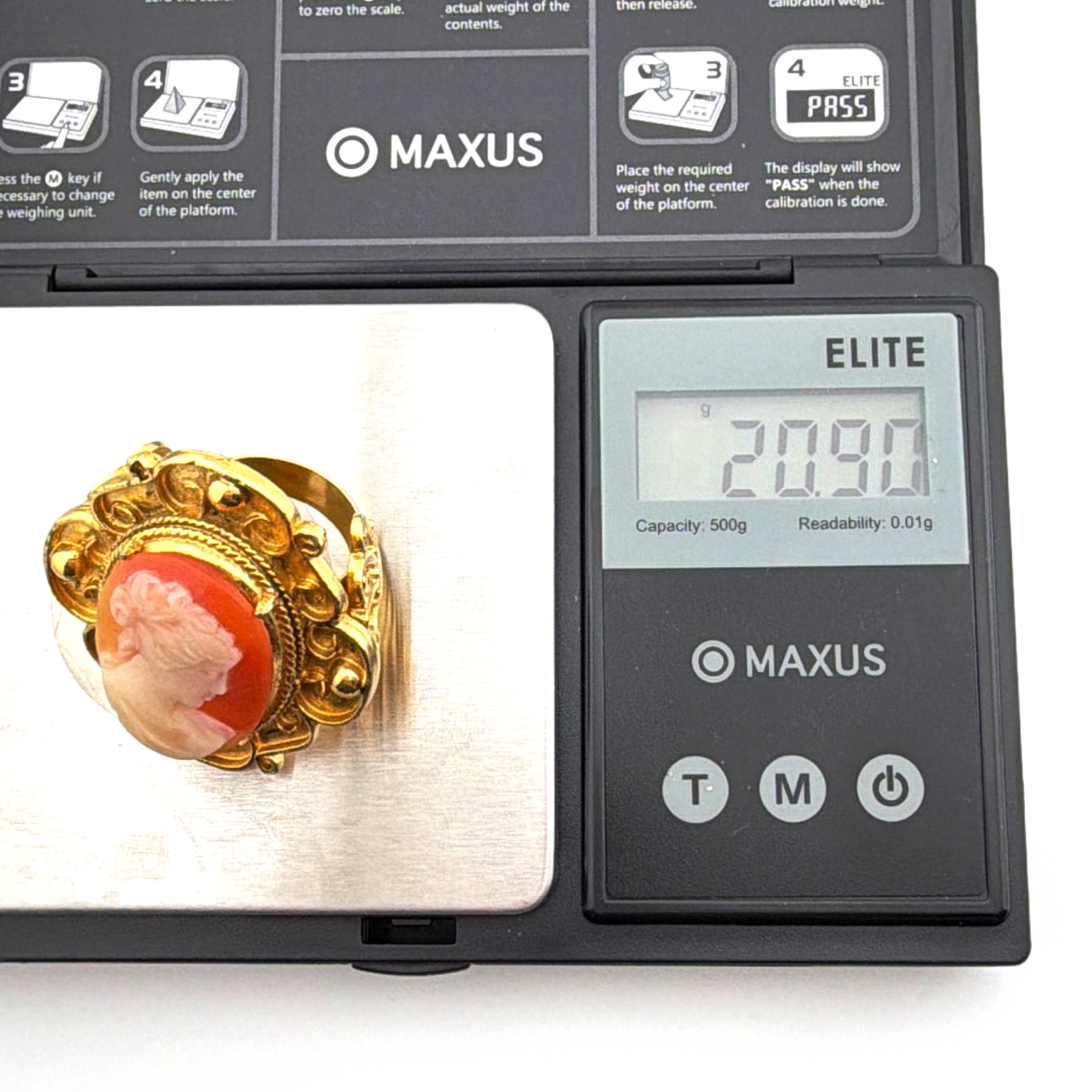 60s–80s Size 8 Gold Tone Molded Faux Cameo Ornate Cocktail Ring 20.90g — For scale