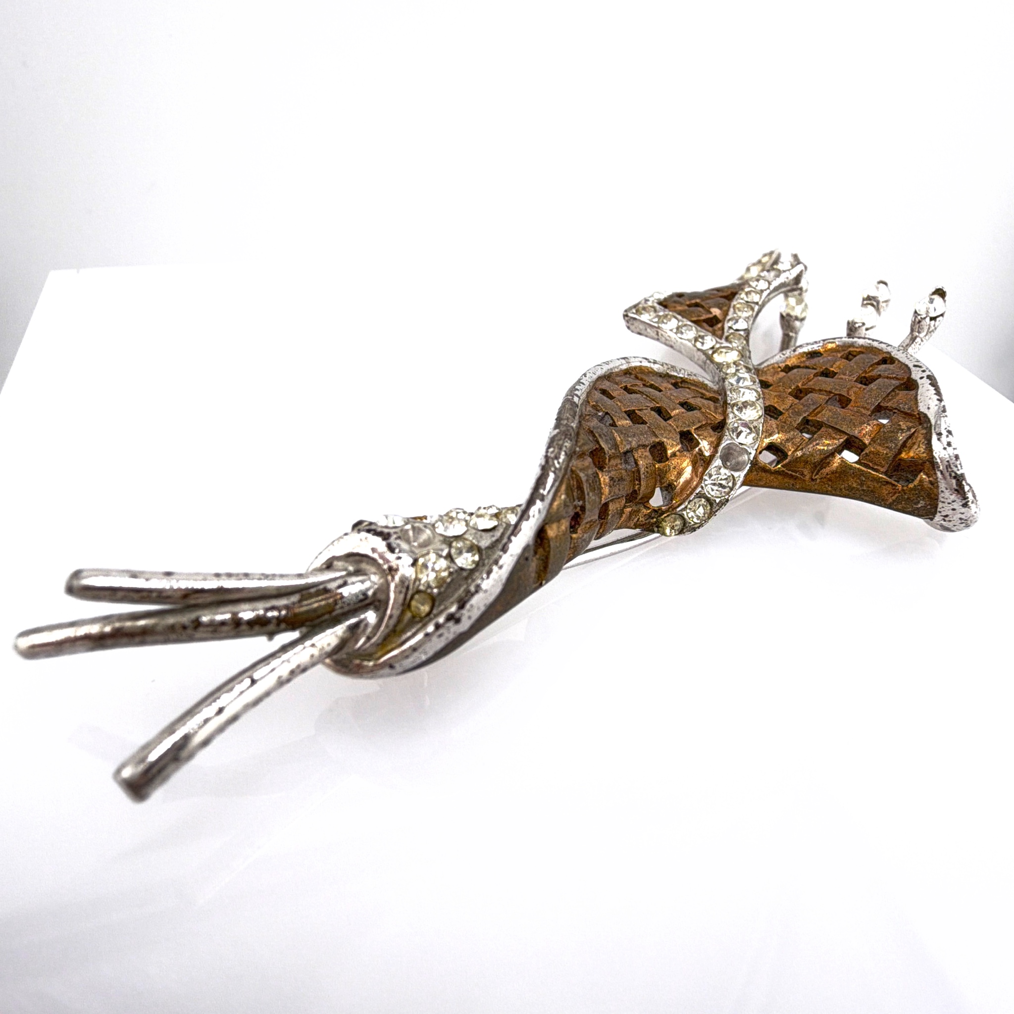 Retro 30s–50s Sterling Silver Woven Figural Brooch, Clear Rhinestones 27.66g 3.5 in — Side