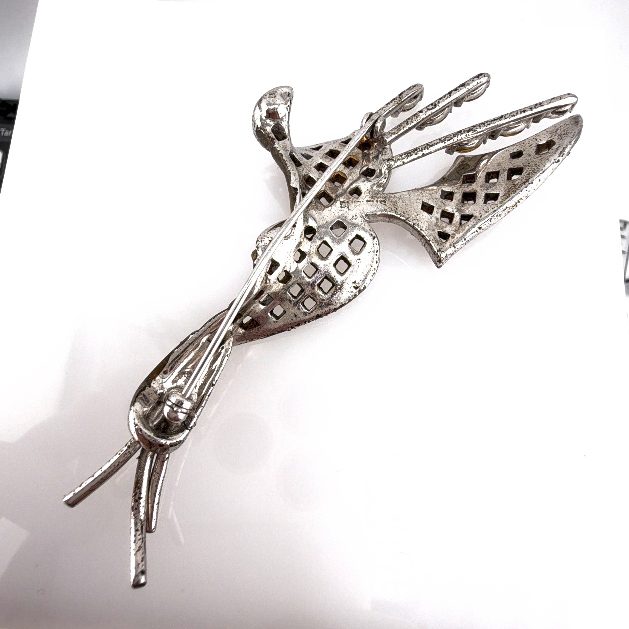 Retro 30s–50s Sterling Silver Woven Figural Brooch, Clear Rhinestones 27.66g 3.5 in — Back