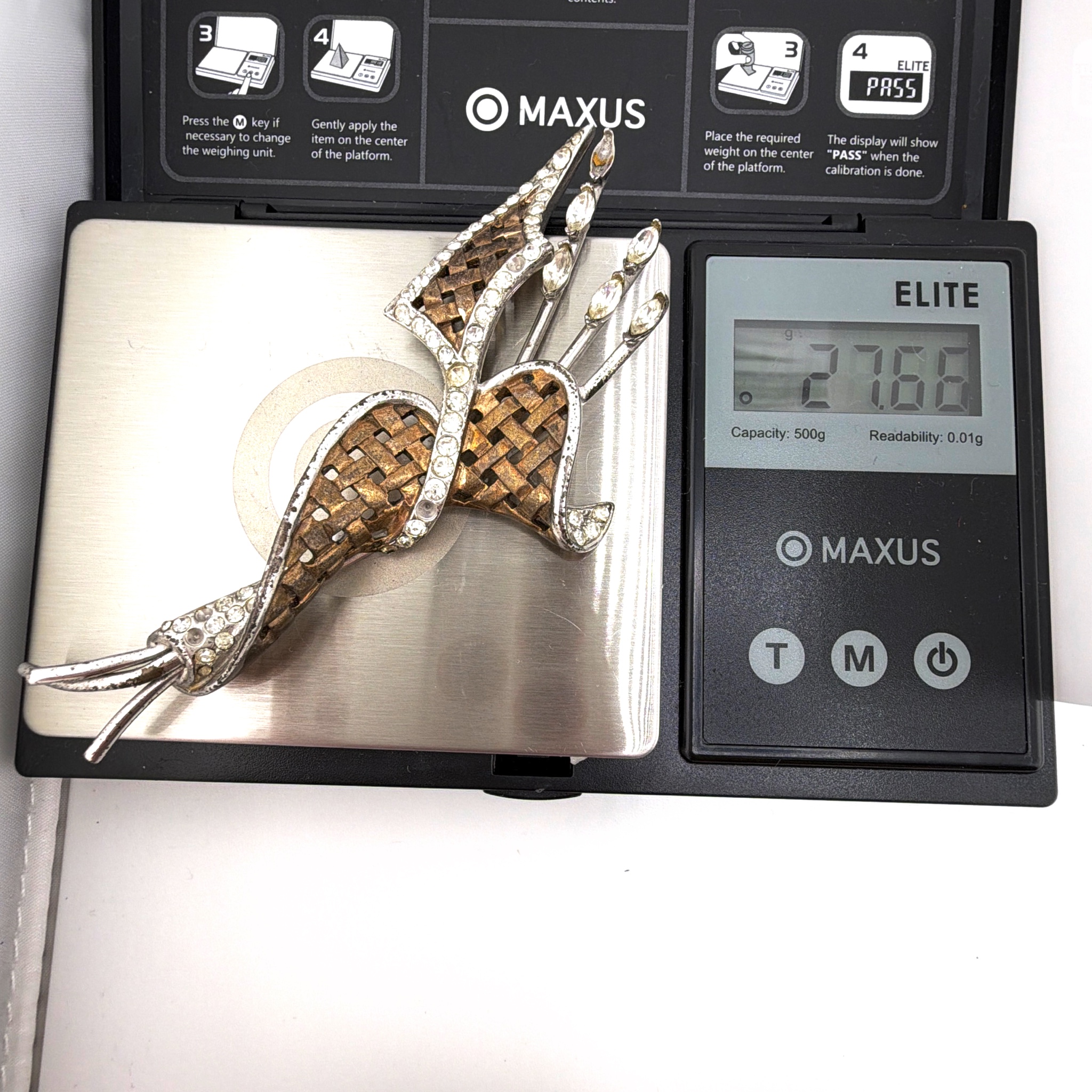 Retro 30s–50s Sterling Silver Woven Figural Brooch, Clear Rhinestones 27.66g 3.5 in — For scale