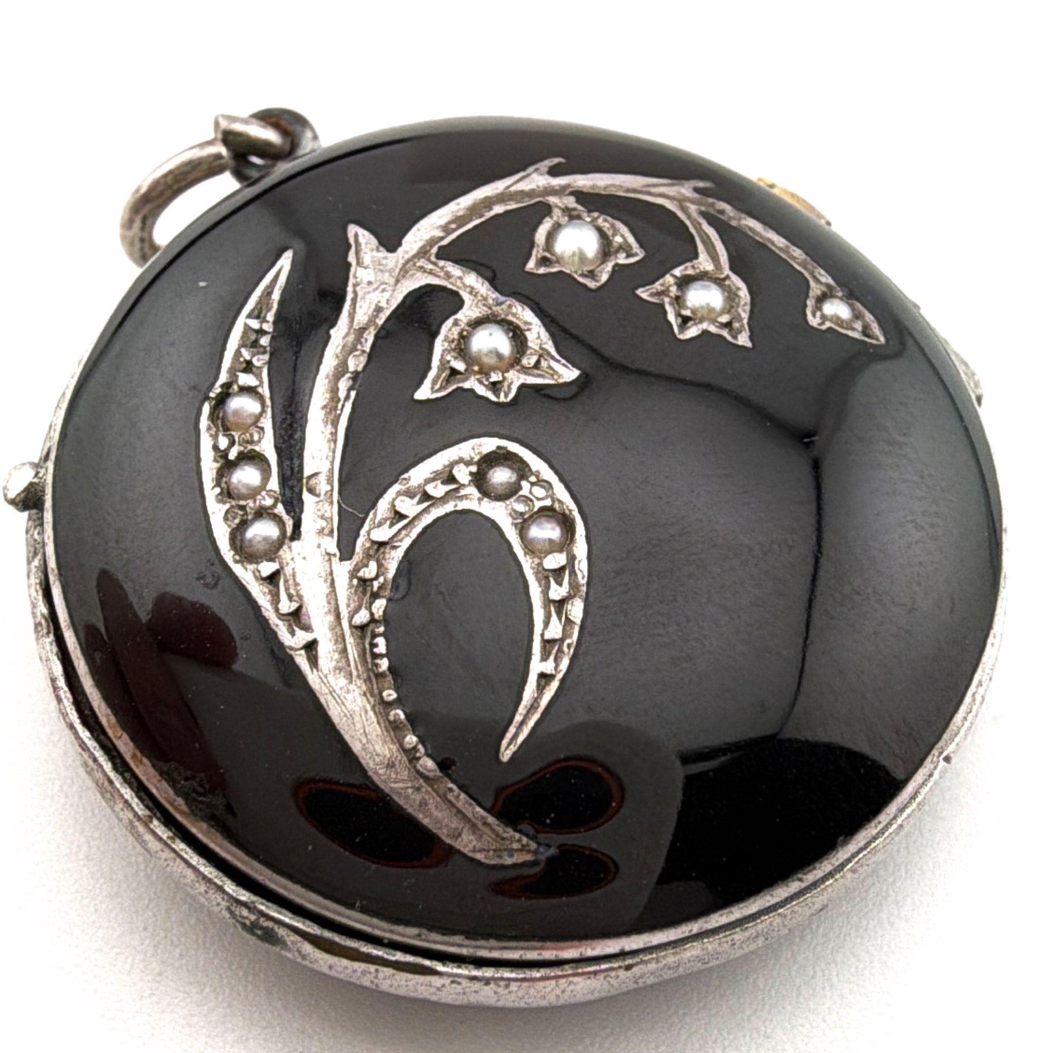 Victorian 1880s–1900s 1.375 in 800 Silver Black Glass Pearl Lily of the Valley Locket Charm Pendant 12.46g