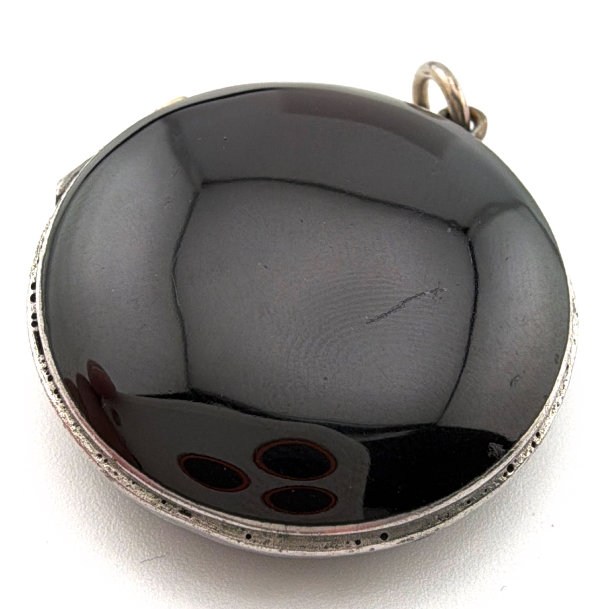 Victorian 1880s–1900s 1.375 in 800 Silver Black Glass Pearl Lily of the Valley Locket Charm Pendant 12.46g — Back
