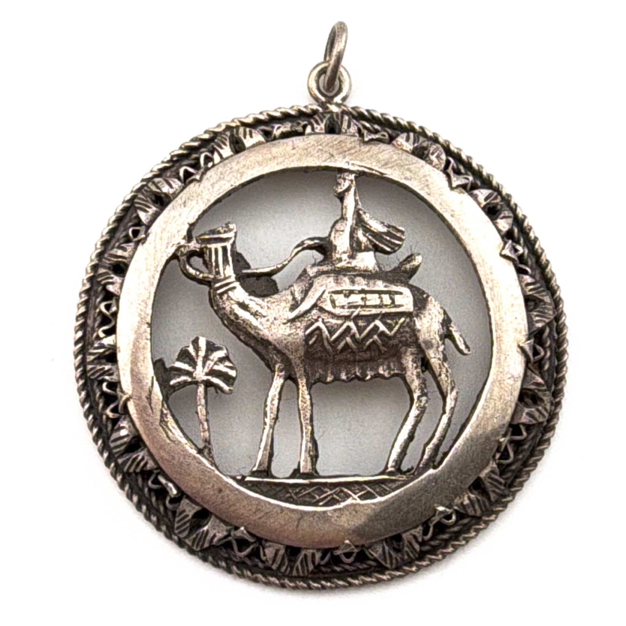 Art Deco 20s–40s 1.25 in 800 Silver Egyptian Revival Camel Rider Pendant 12.93g — Front