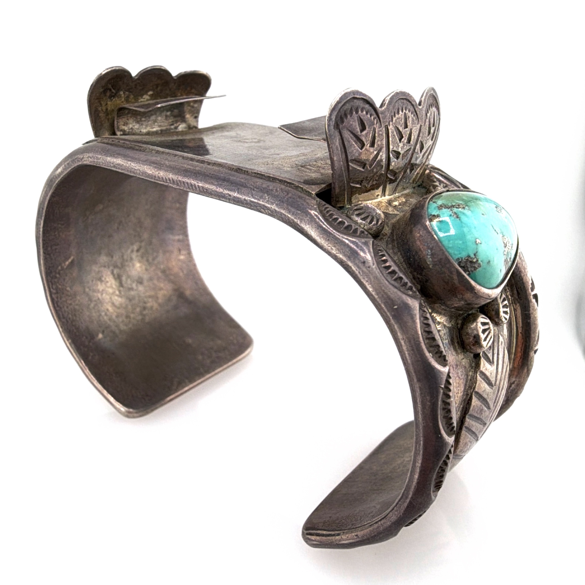 Vintage Native Sterling Silver Turquoise Watch Cuff Bracelet 85.60g — Front