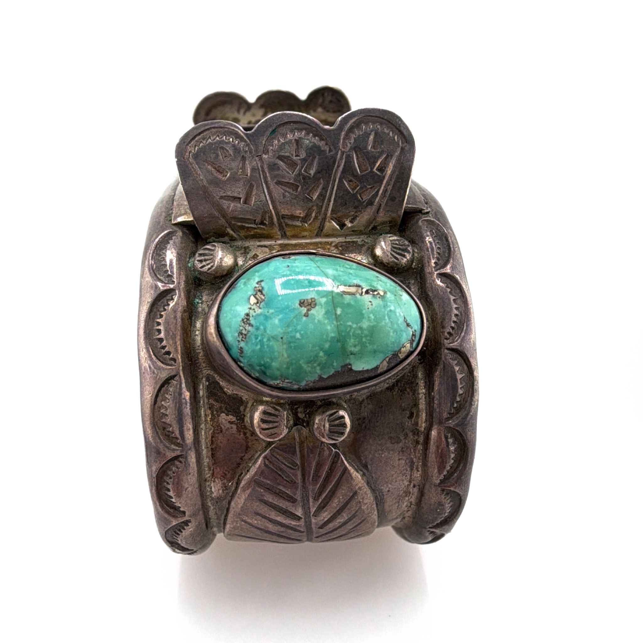 Vintage Native Sterling Silver Turquoise Watch Cuff Bracelet 85.60g — Front