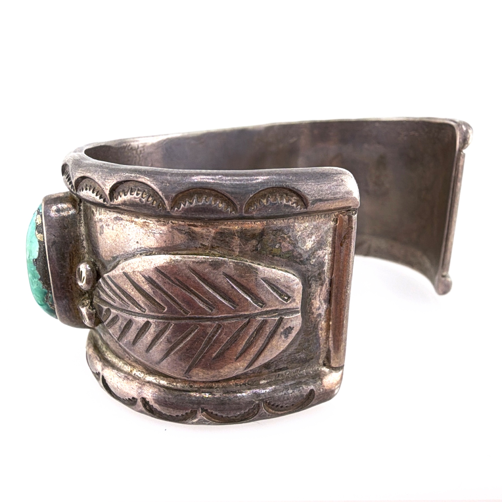 Vintage Native Sterling Silver Turquoise Watch Cuff Bracelet 85.60g — Detail