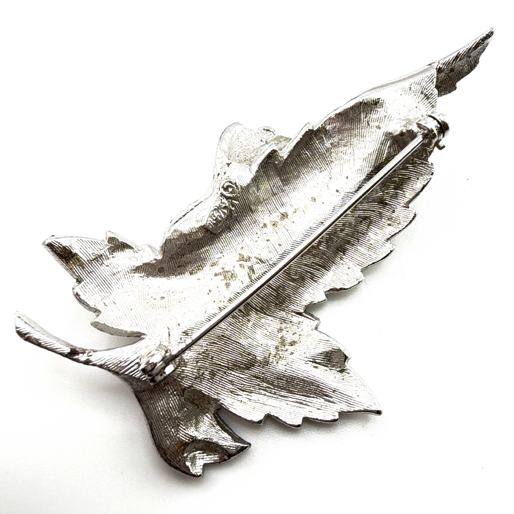 Mid-Century 50s–60s Coro Silver Tone Textured Leaf Brooch 28.83g 2.75 in — Back