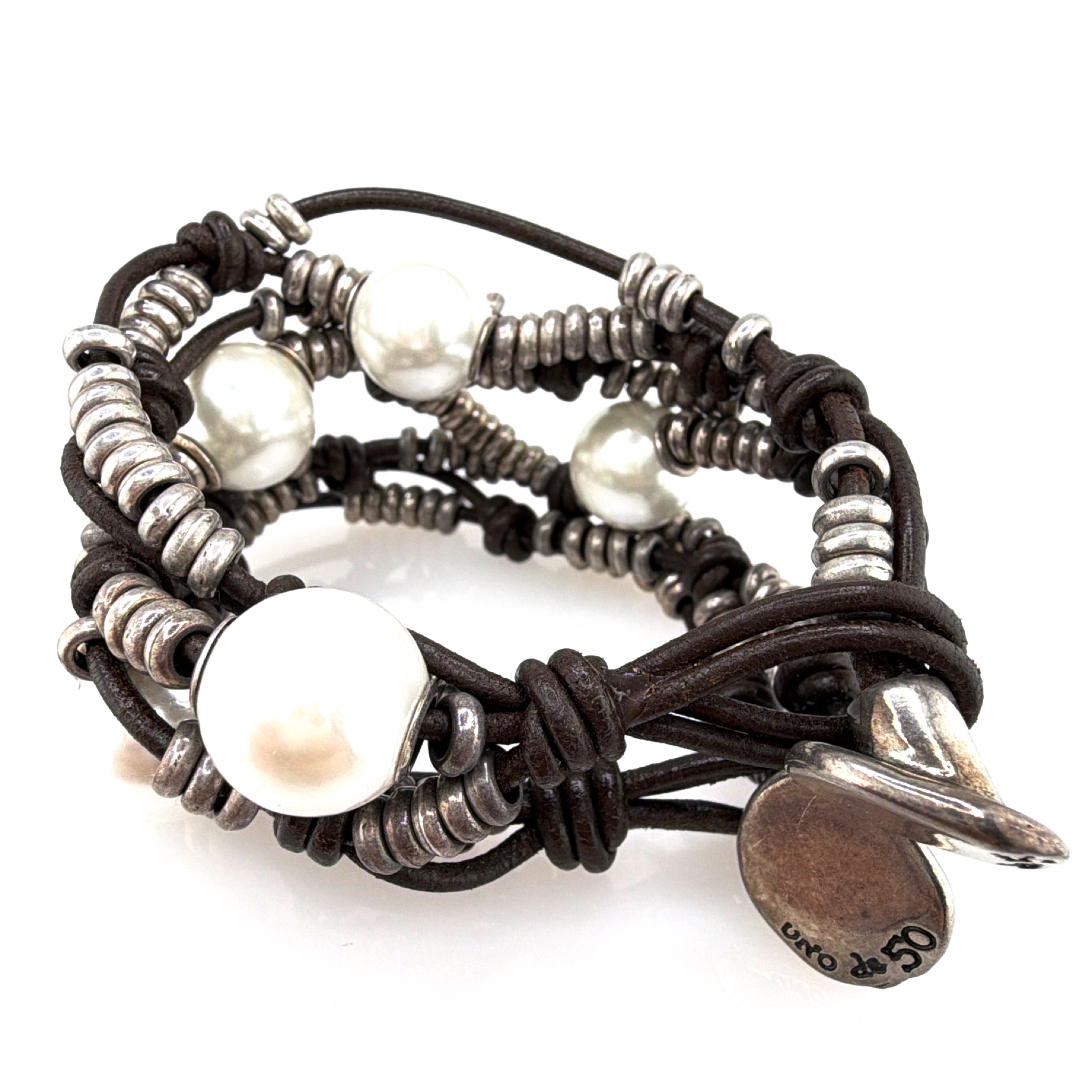 Uno de 50 Silver Tone Leather Wrap Bracelet, Faux Pearls 73.25g 7-7.25in — Front