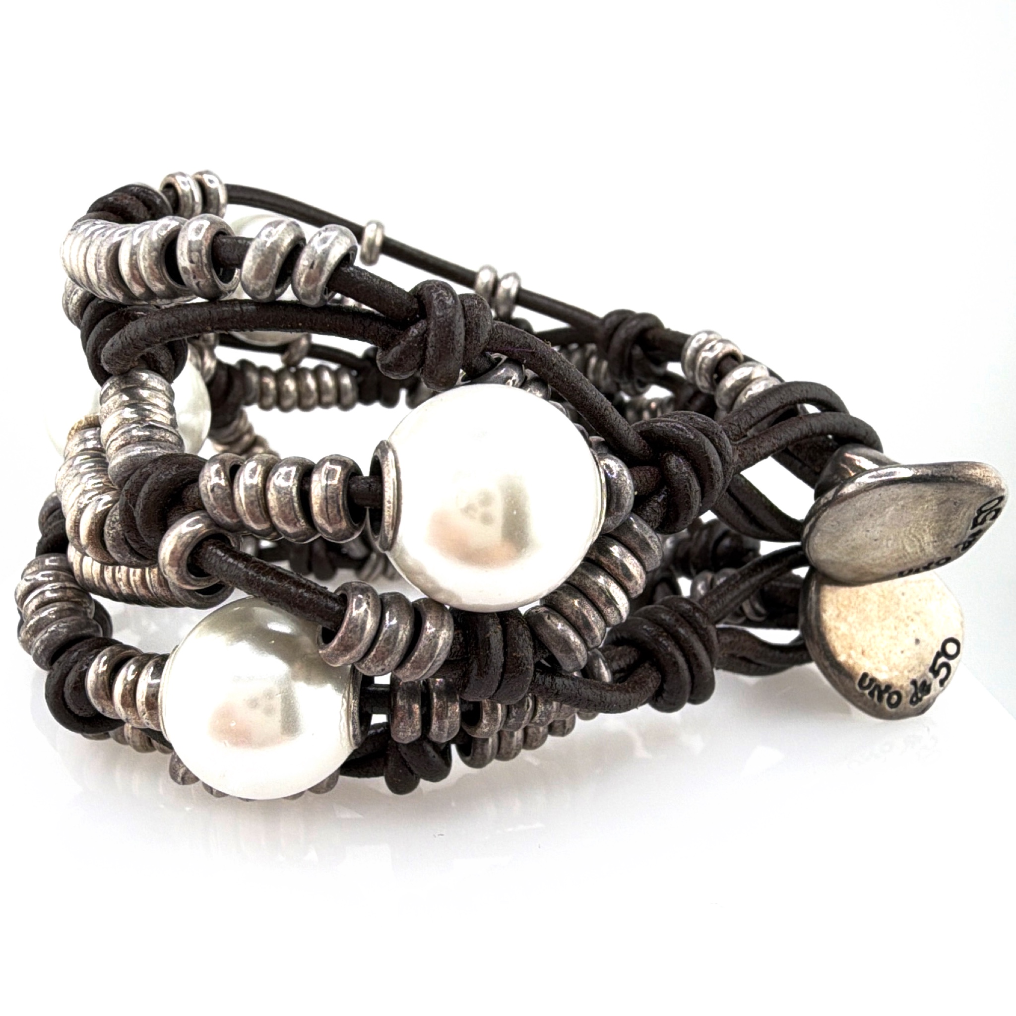 Uno de 50 Silver Tone Leather Wrap Bracelet, Faux Pearls 73.25g 7-7.25in — Side